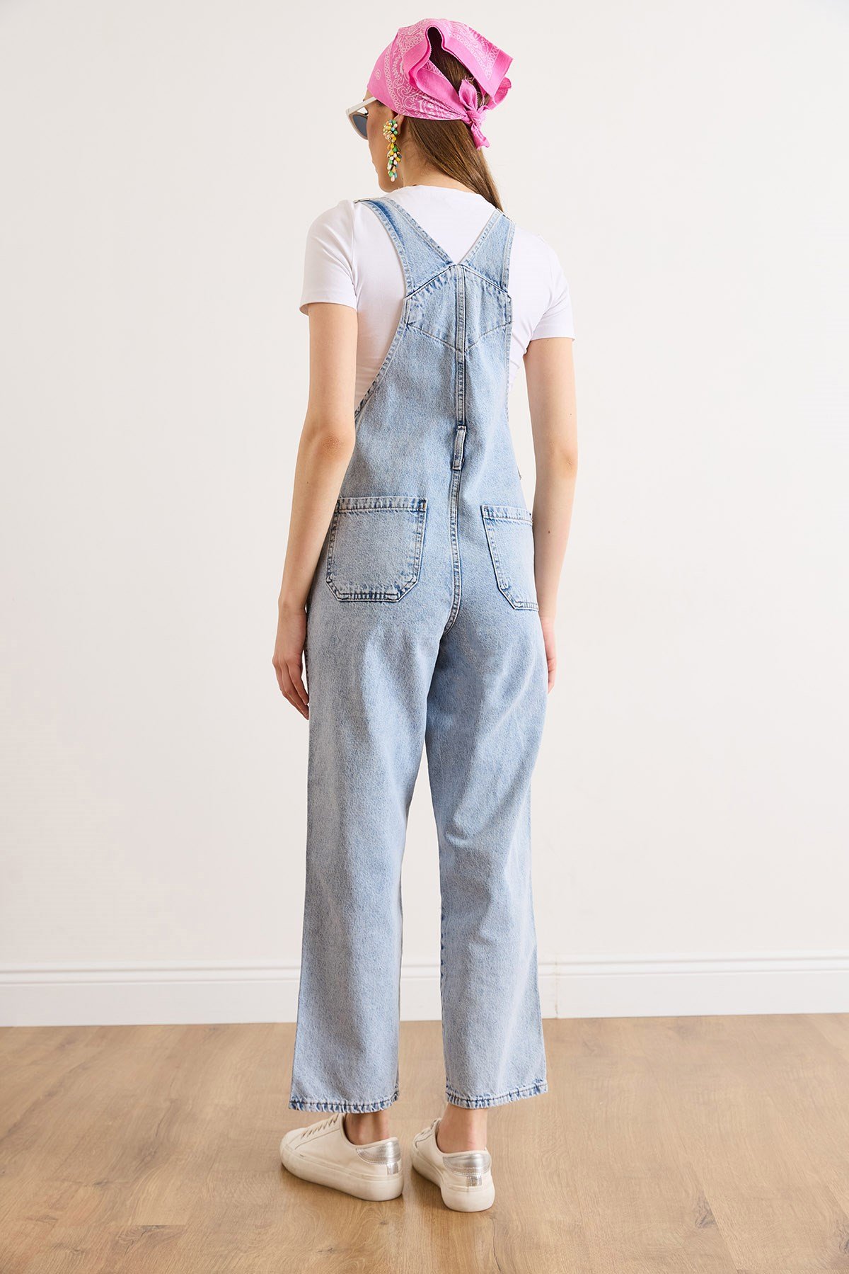 Kanguru Cepli Denim Salopet Açık Mavi