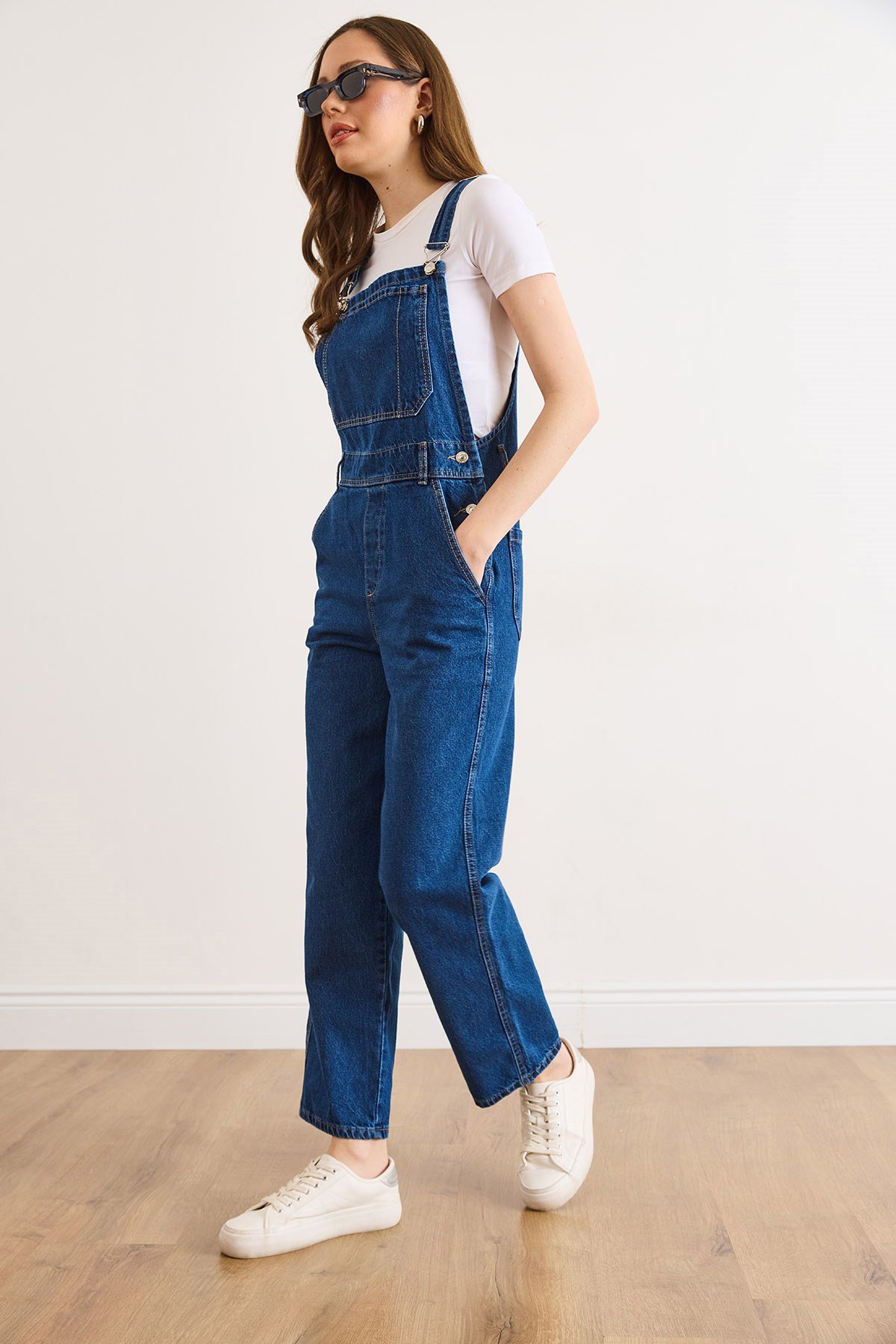 Kanguru Cepli Denim Salopet Lacivert