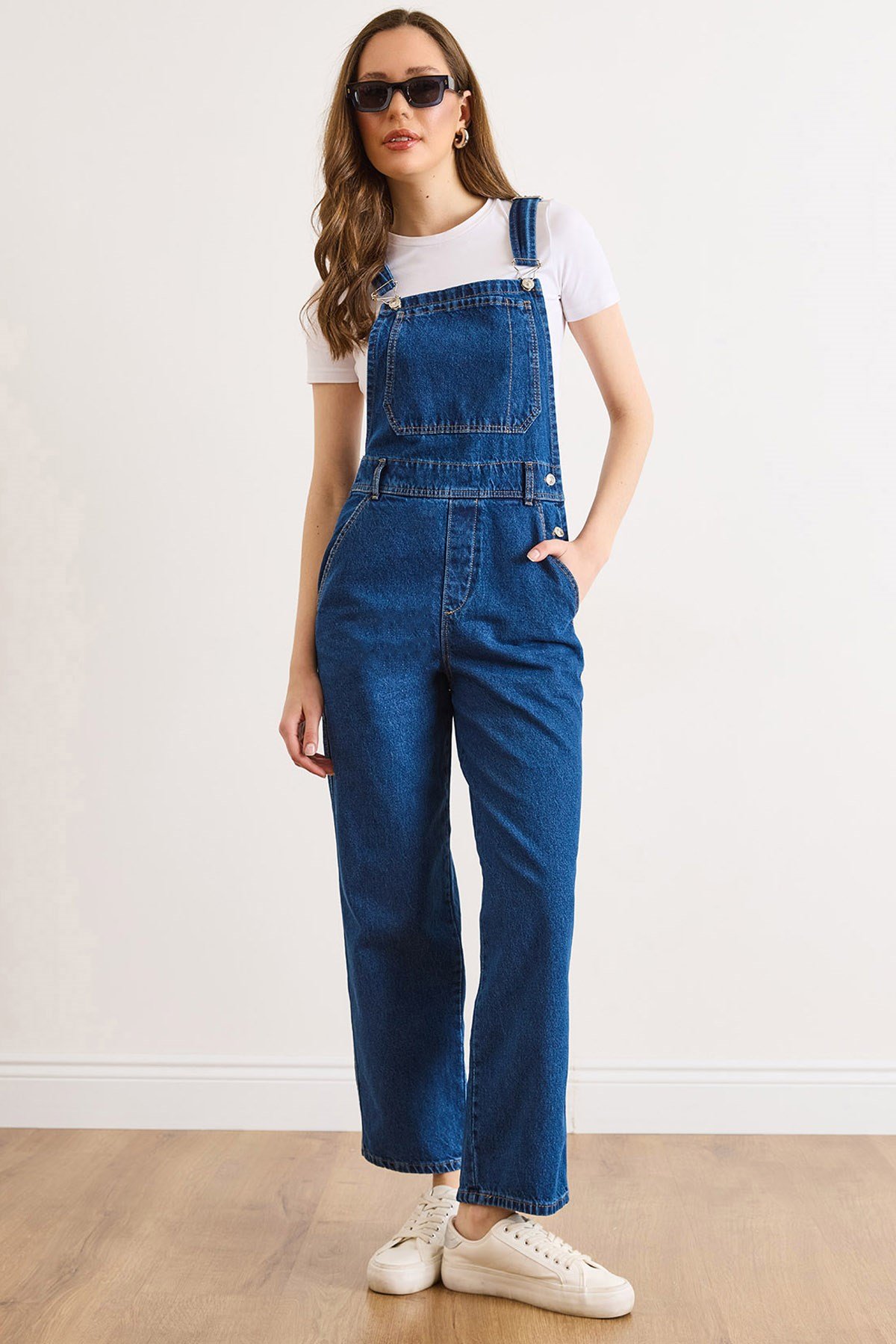 Kanguru Cepli Denim Salopet Lacivert