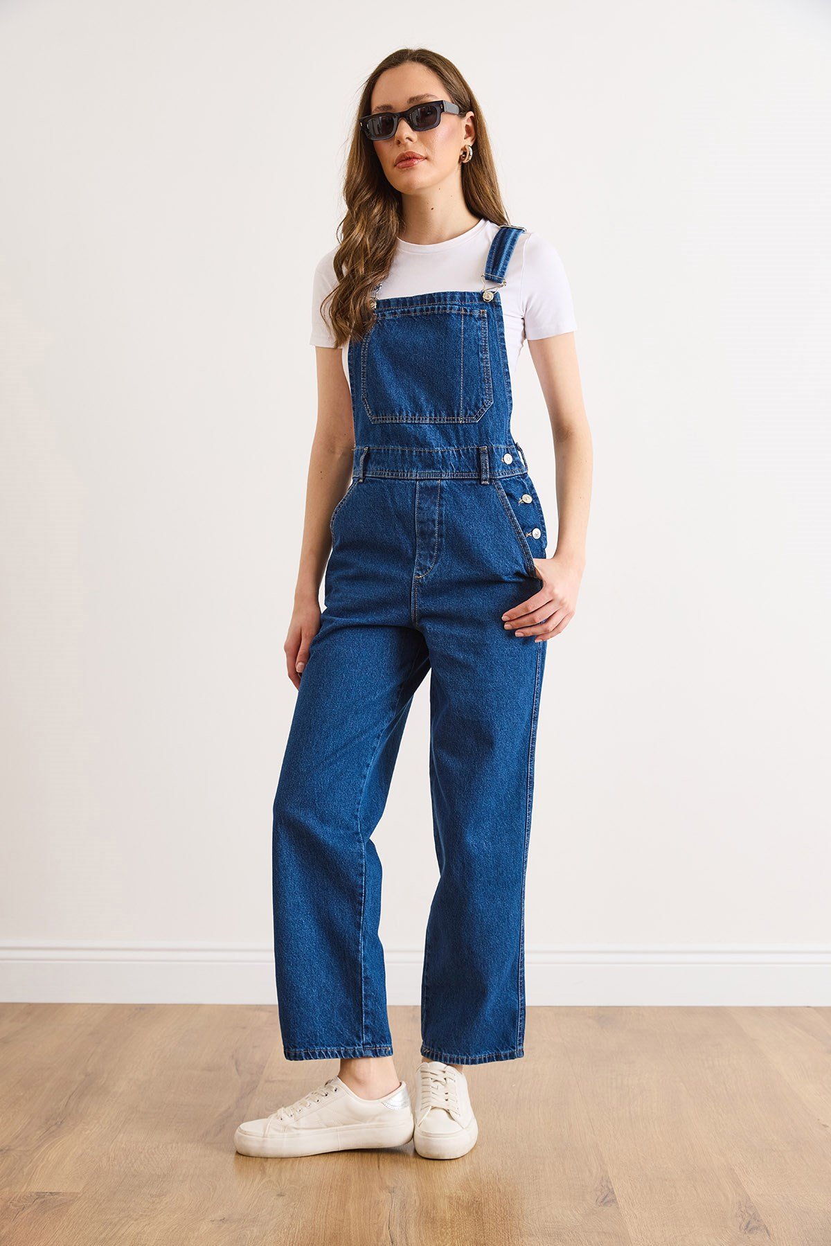 Kanguru Cepli Denim Salopet Lacivert