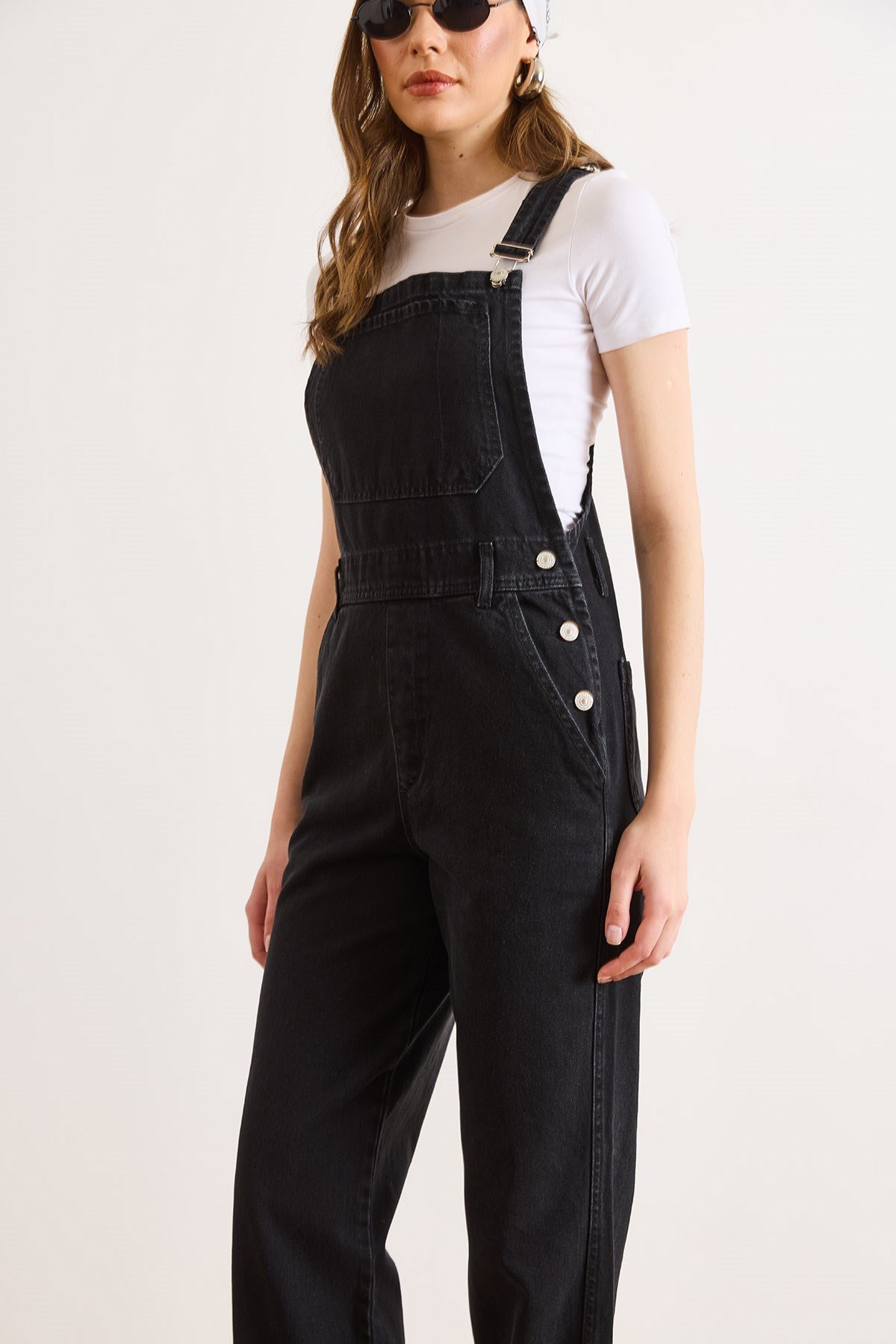 Kanguru Cepli Denim Salopet Siyah