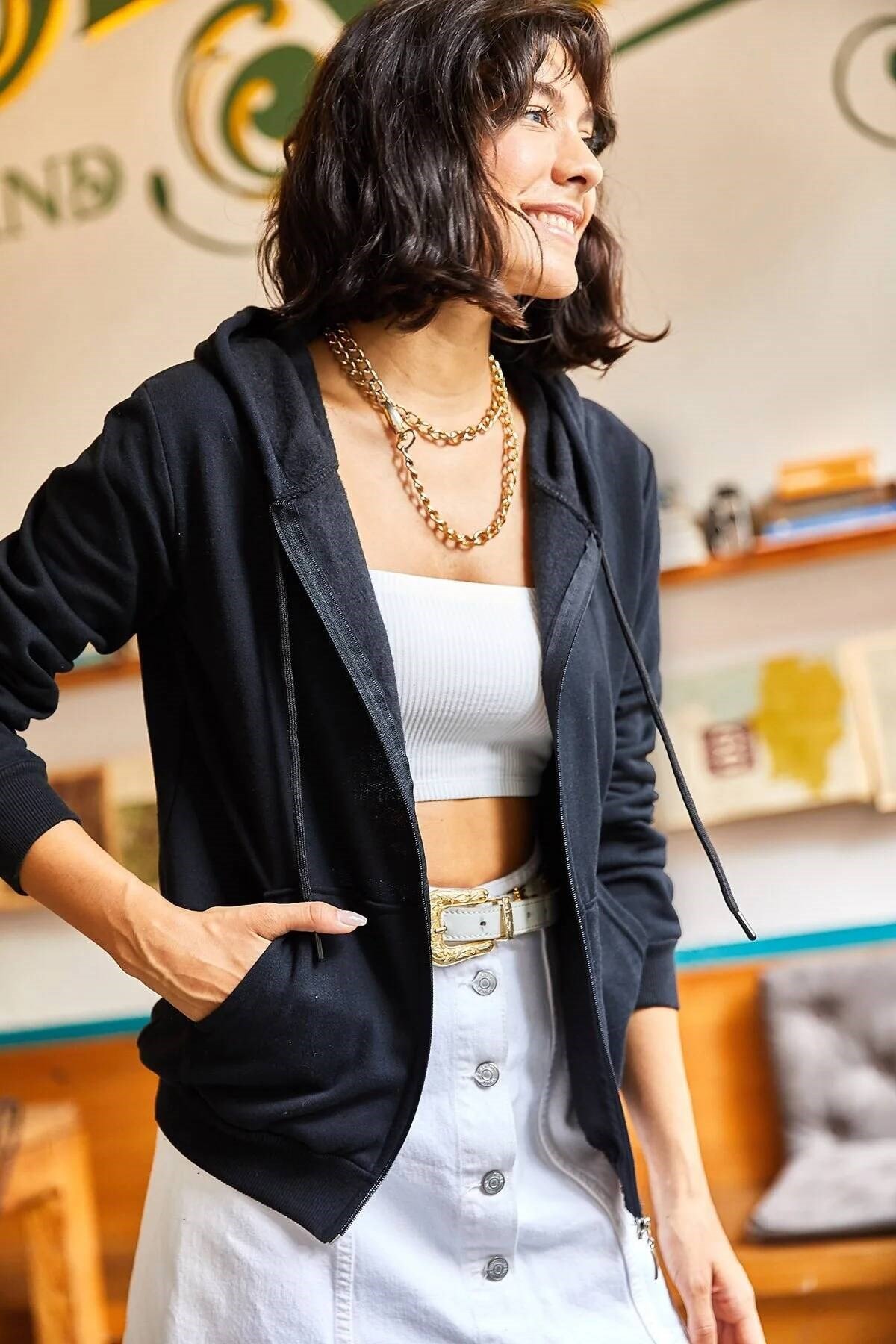 Kanguru Cepli Kapüşonlu Şardonlu Fermuarlı Basic Sweatshirt Siyah