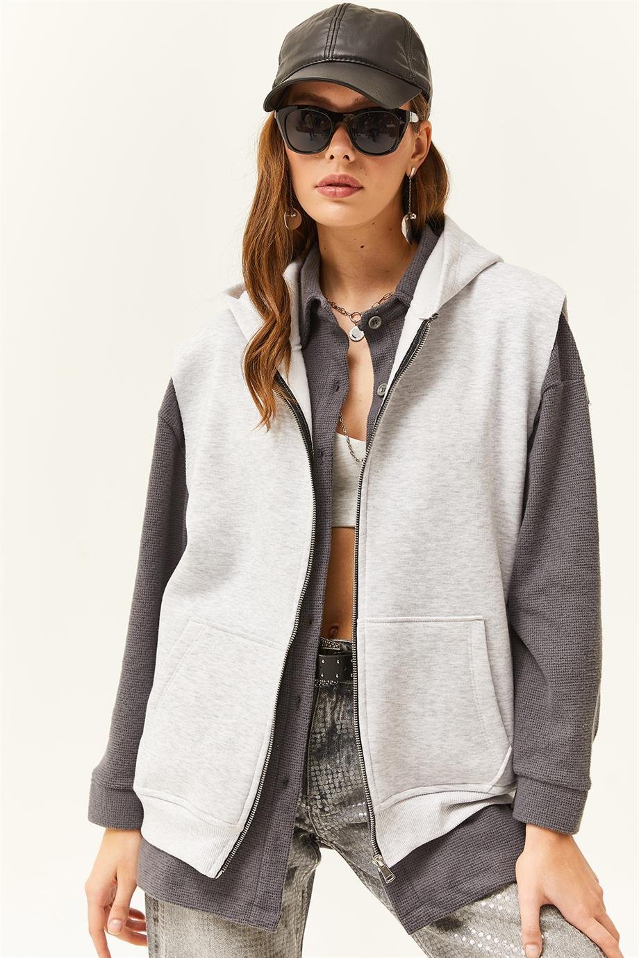 Kanguru Cepli Kapüşonlu Şardonlu Oversize Yelek Gri Melanj