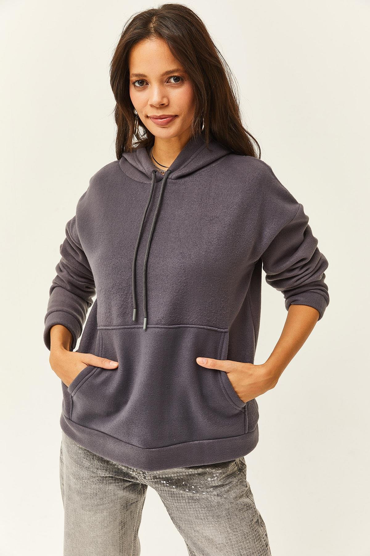 Kapşonlu Kanguru Cepli Polar Sweatshirt Füme
