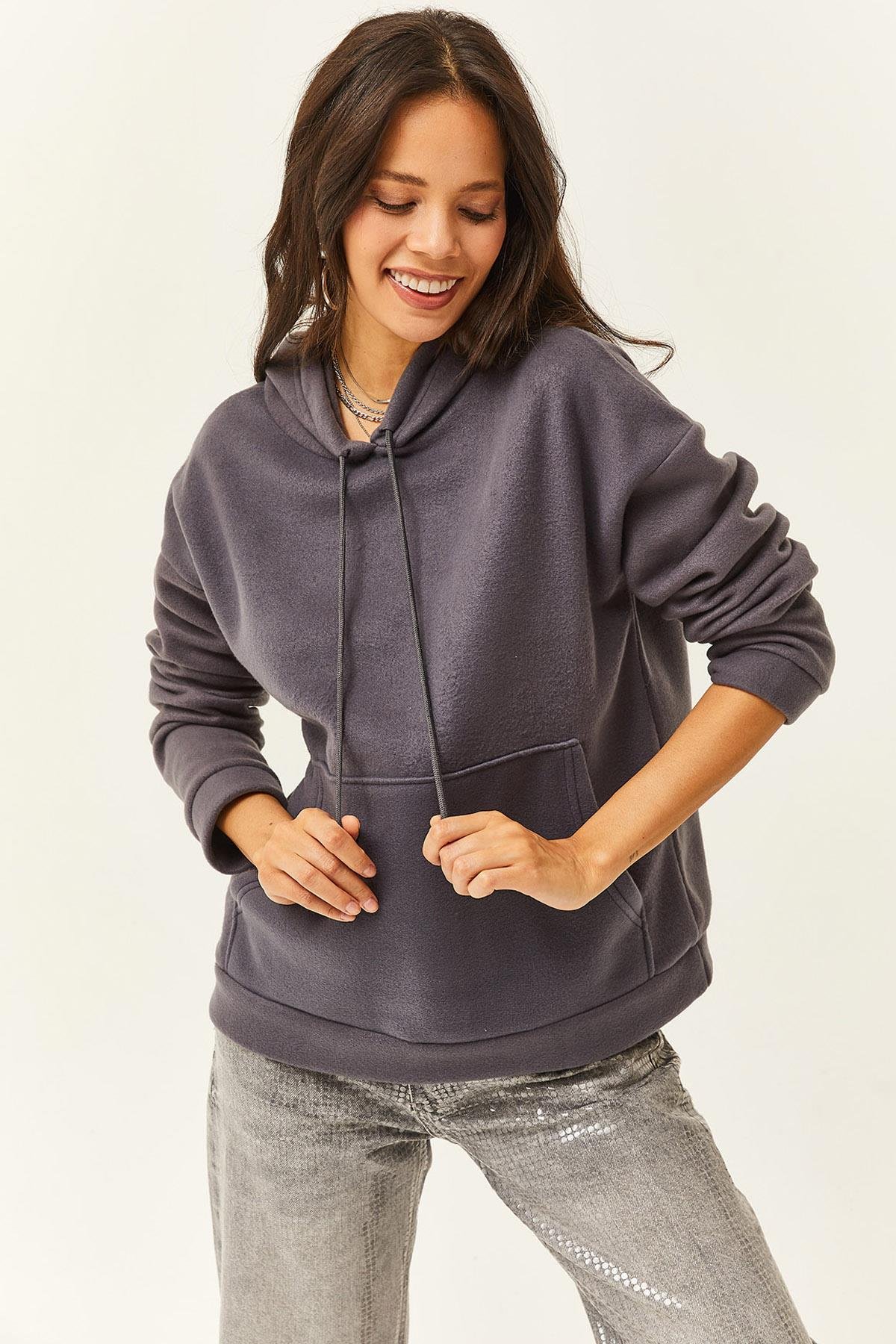 Kapşonlu Kanguru Cepli Polar Sweatshirt Füme