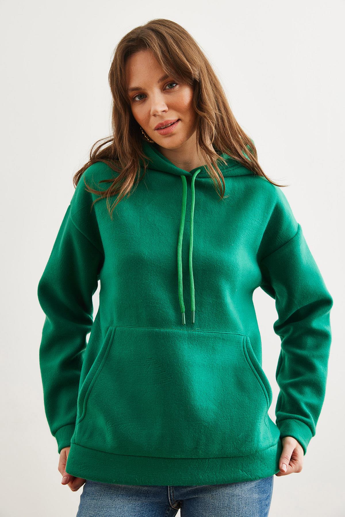 Kapşonlu Kanguru Cepli Polar Sweatshirt Zümrüt Yeşili