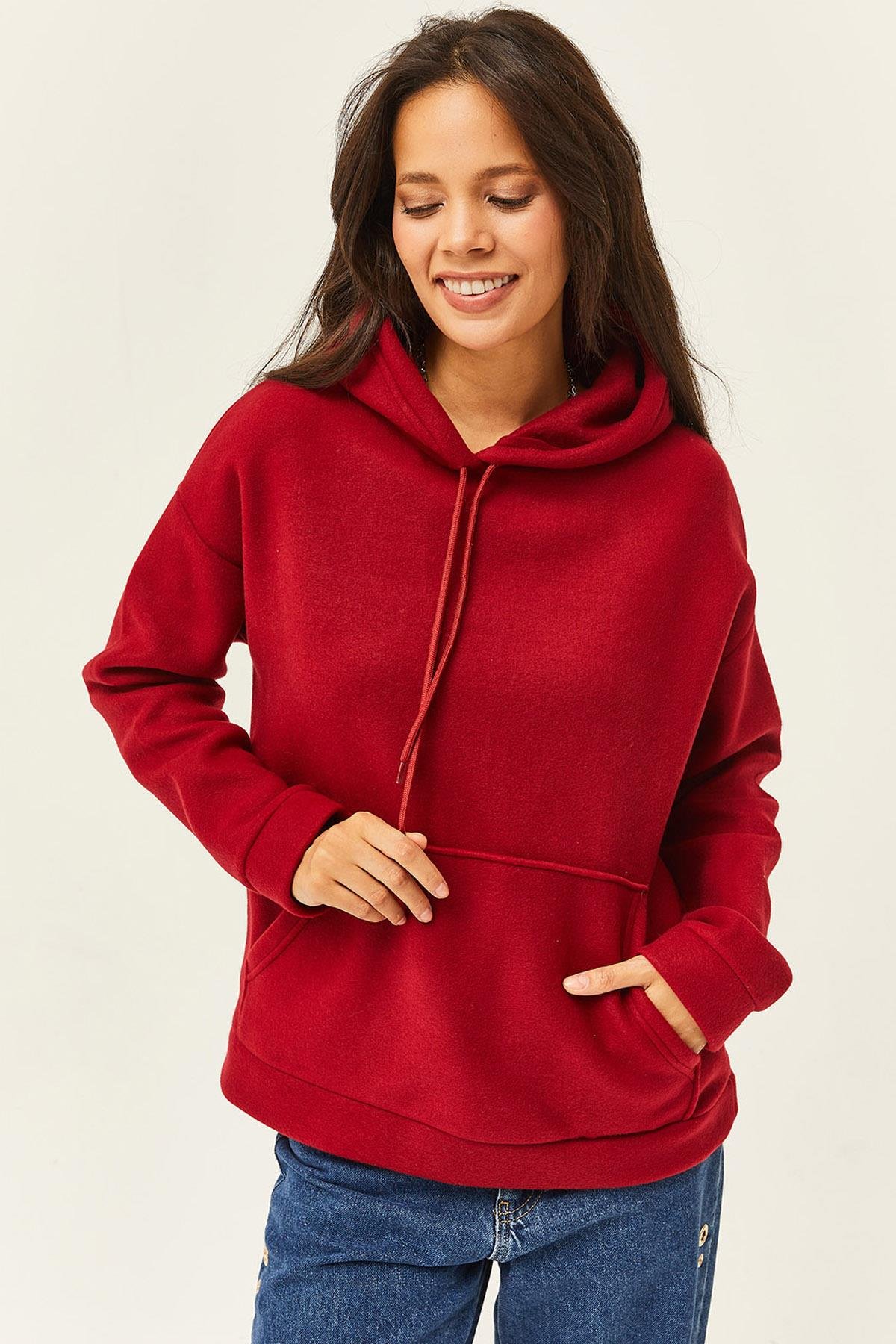 Kapşonlu Kanguru Cepli Polar Sweatshirt Bordo