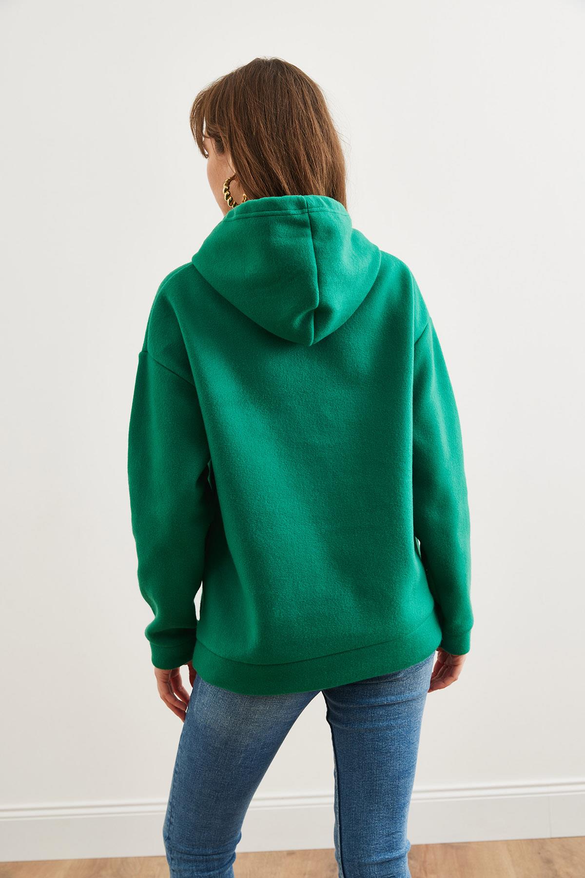 Kapşonlu Kanguru Cepli Polar Sweatshirt Zümrüt Yeşili