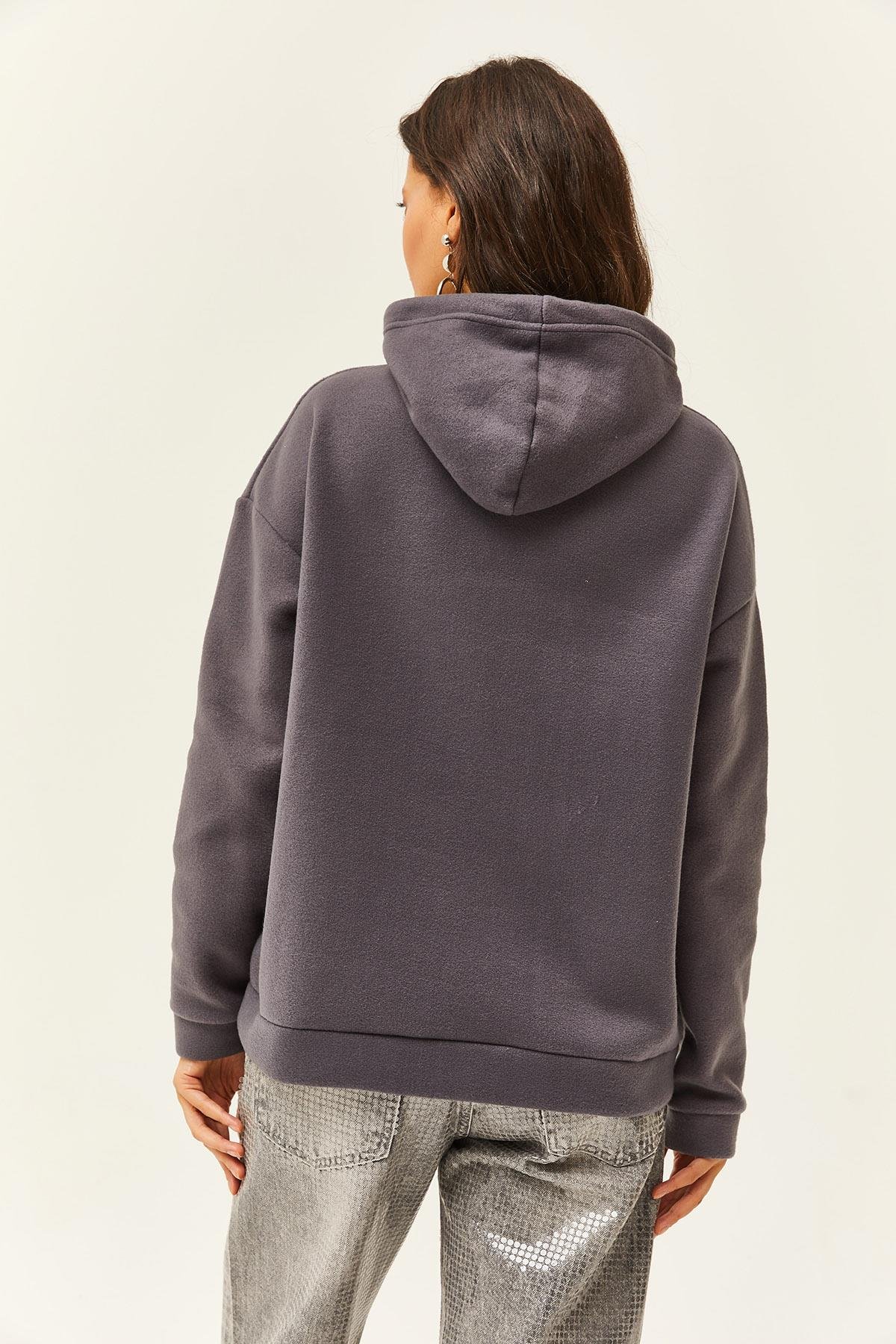 Kapşonlu Kanguru Cepli Polar Sweatshirt Füme