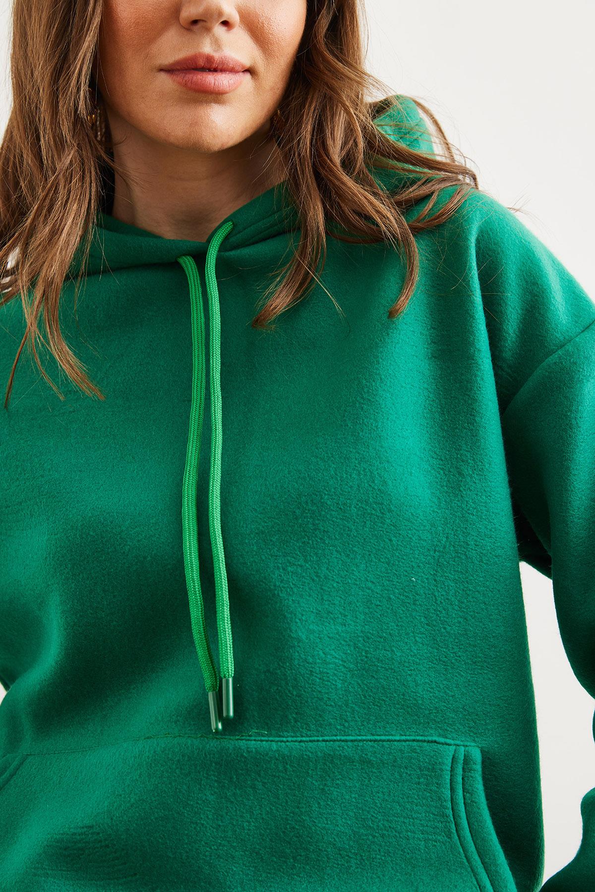 Kapşonlu Kanguru Cepli Polar Sweatshirt Zümrüt Yeşili