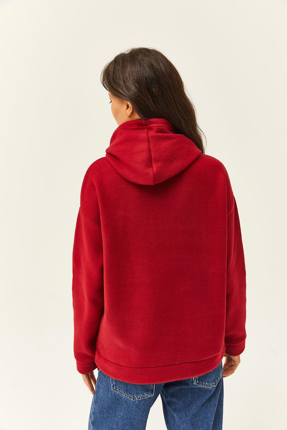 Kapşonlu Kanguru Cepli Polar Sweatshirt Bordo