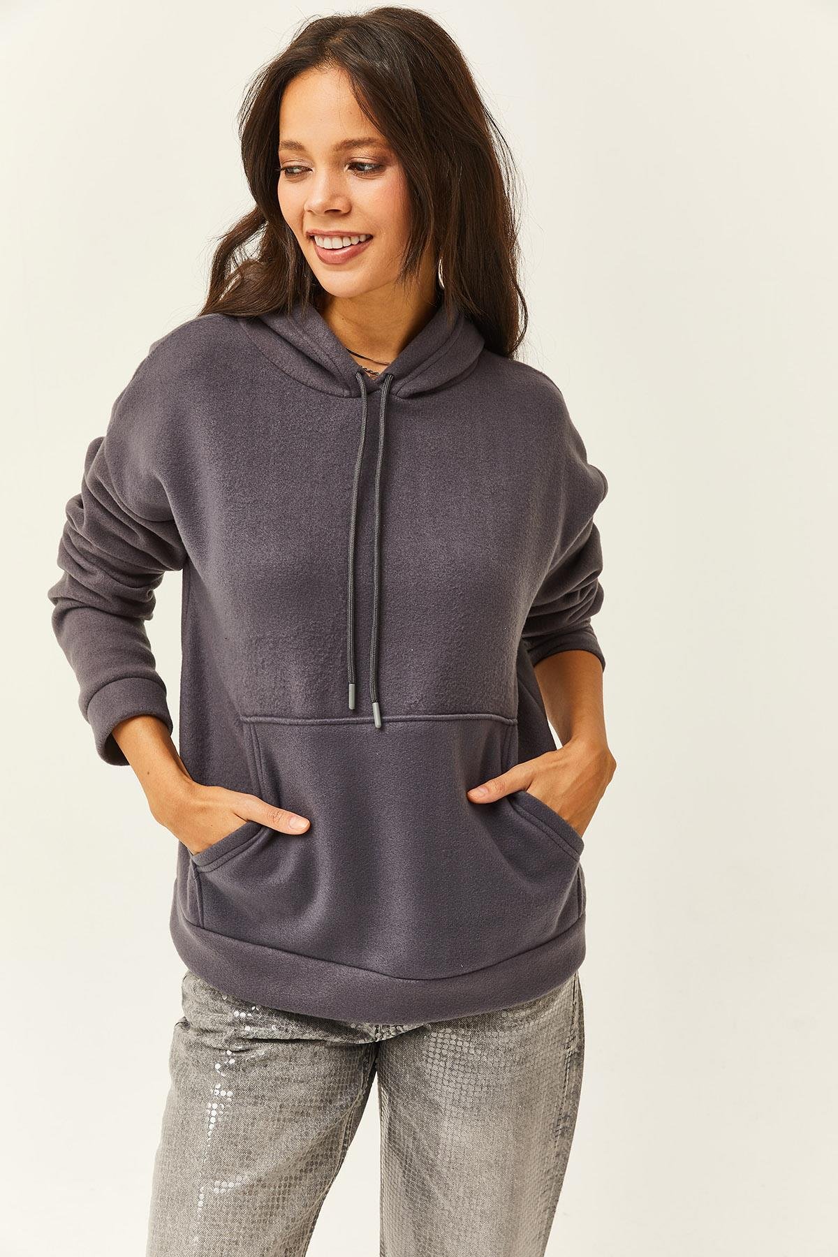 Kapşonlu Kanguru Cepli Polar Sweatshirt Füme