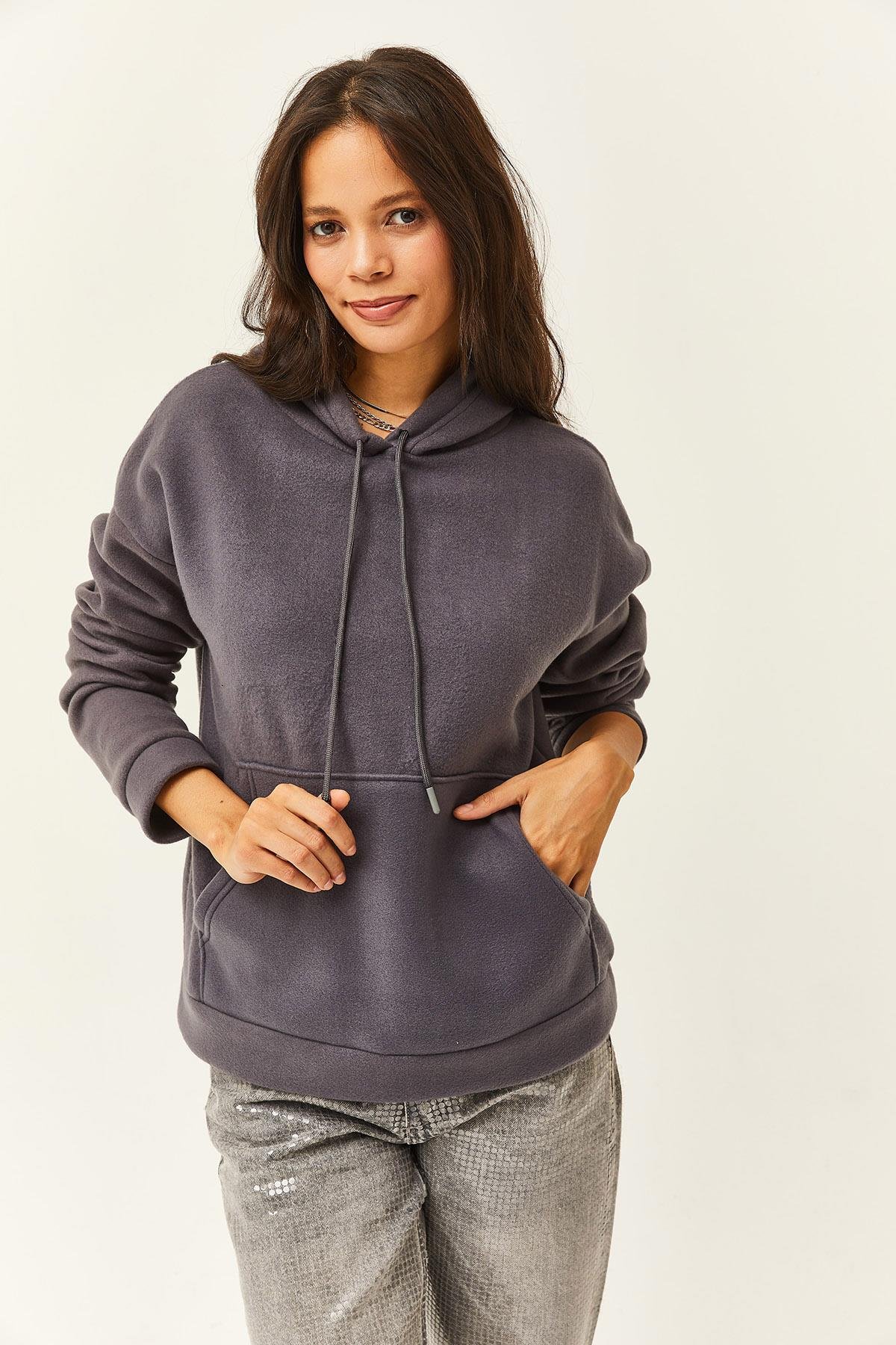 Kapşonlu Kanguru Cepli Polar Sweatshirt Füme