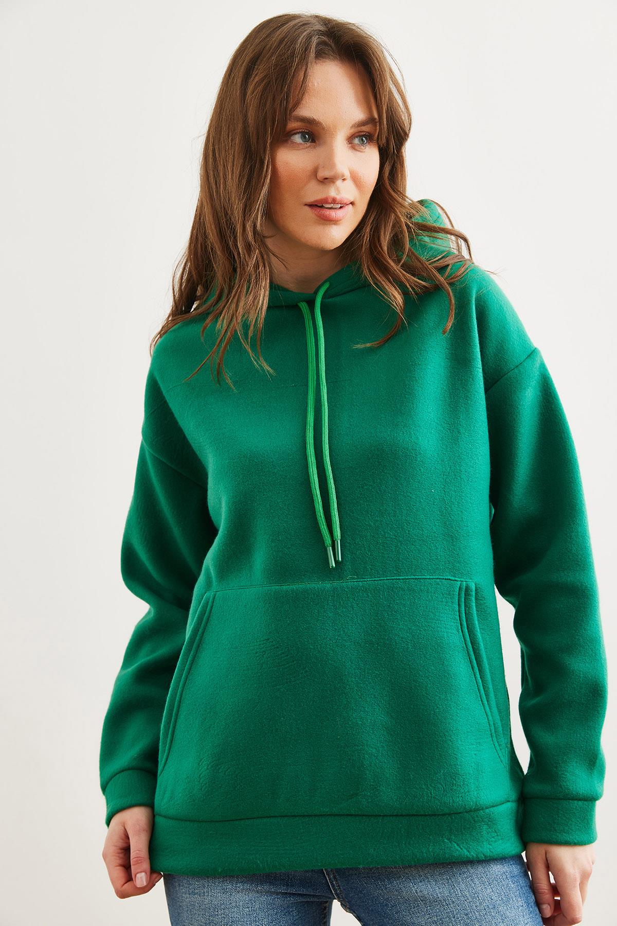 Kapşonlu Kanguru Cepli Polar Sweatshirt Zümrüt Yeşili