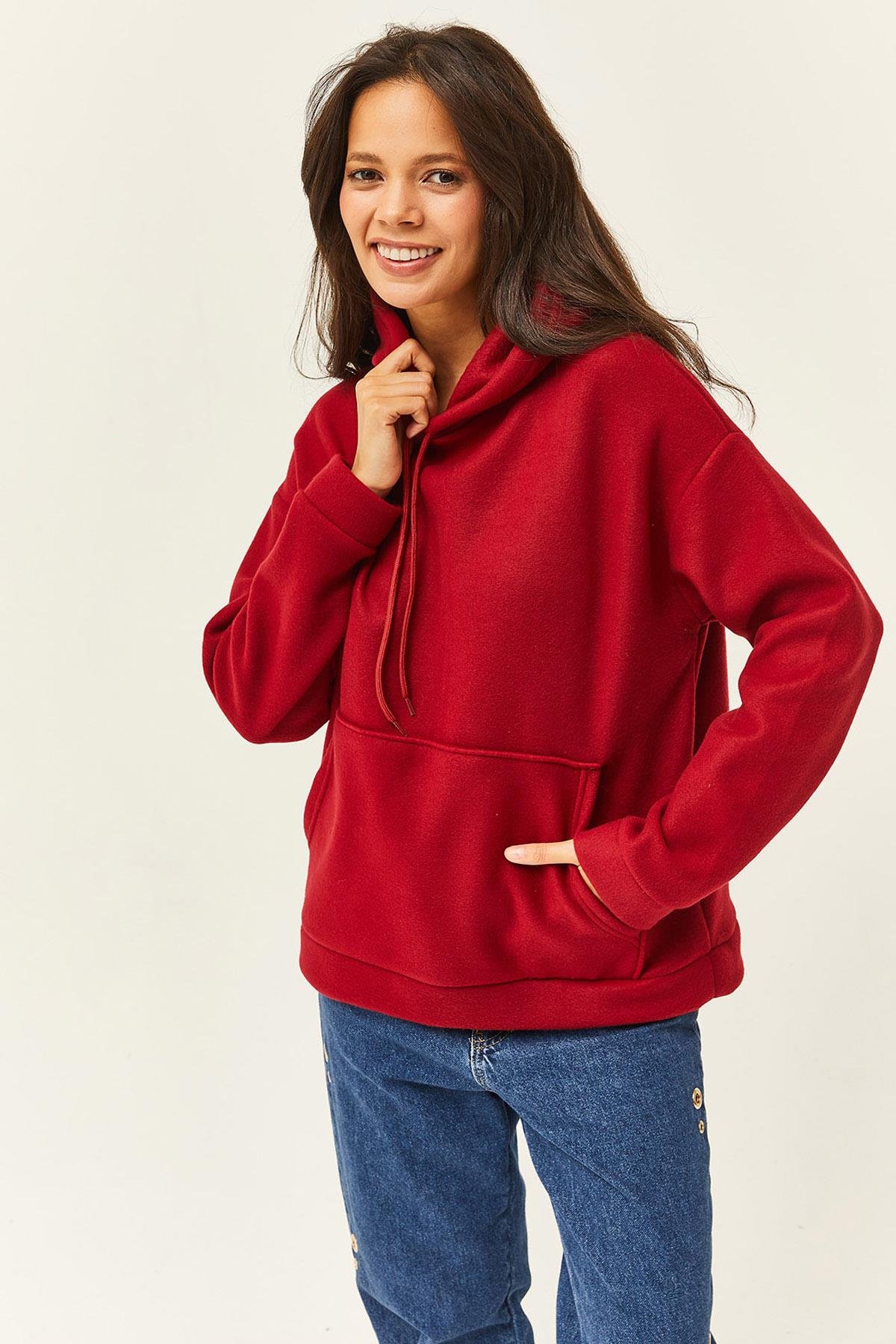 Kapşonlu Kanguru Cepli Polar Sweatshirt Bordo
