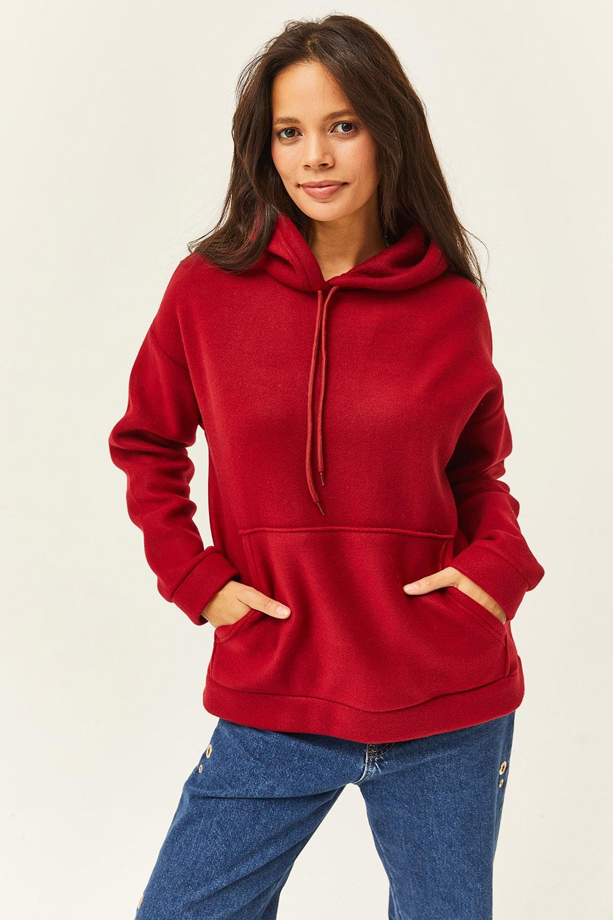 Kapşonlu Kanguru Cepli Polar Sweatshirt Bordo