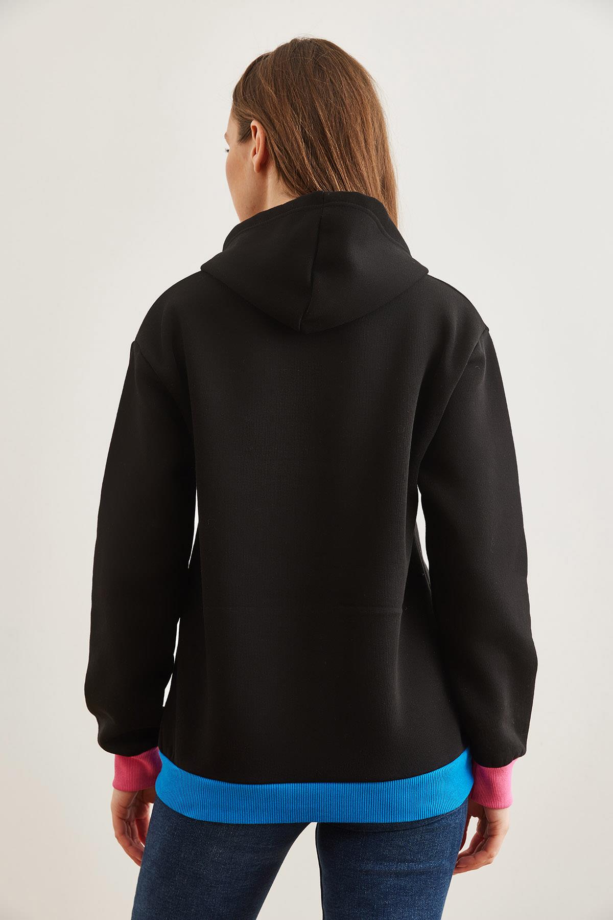 Kapüşonlu Bağcık Detaylı Şardonlu Sweatshirt Siyah