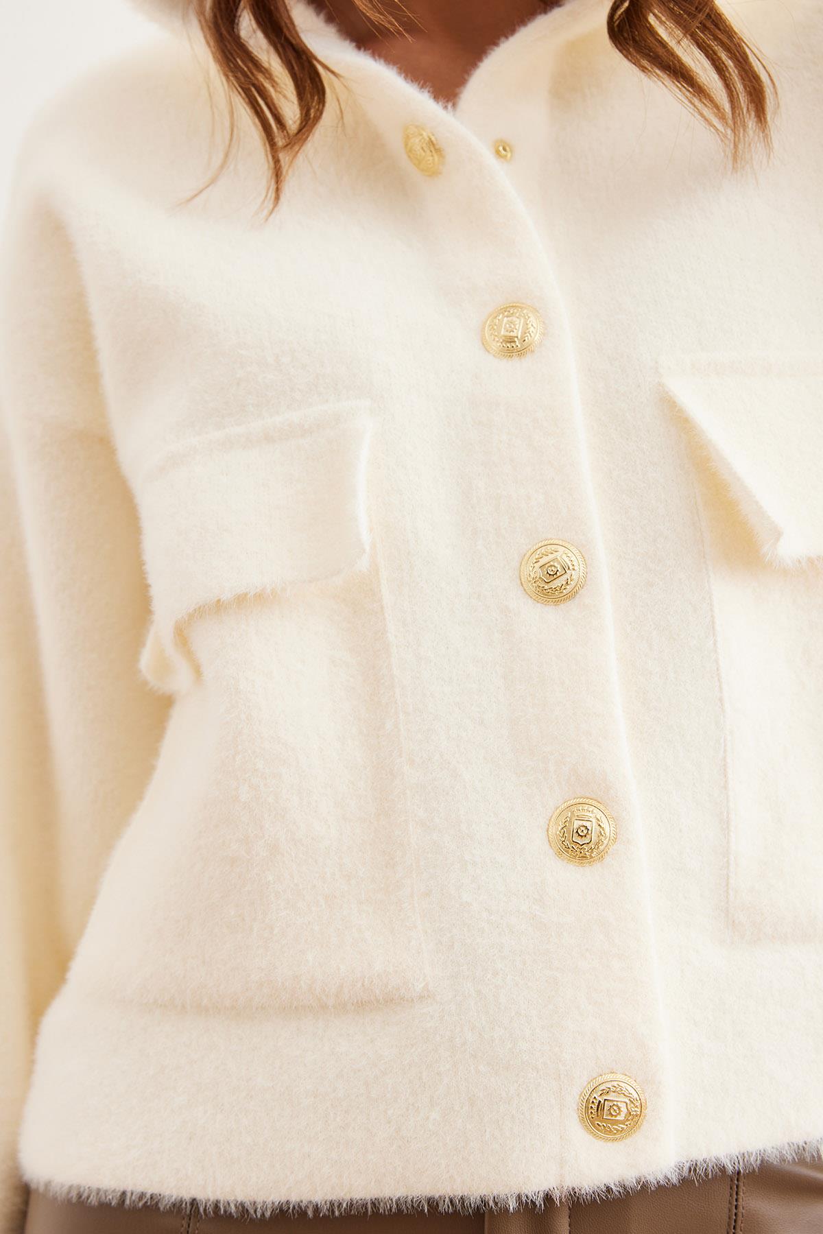 Kapüşonlu Cepli Yumuşak Dokulu Kalın Sakal Hırka Ekru