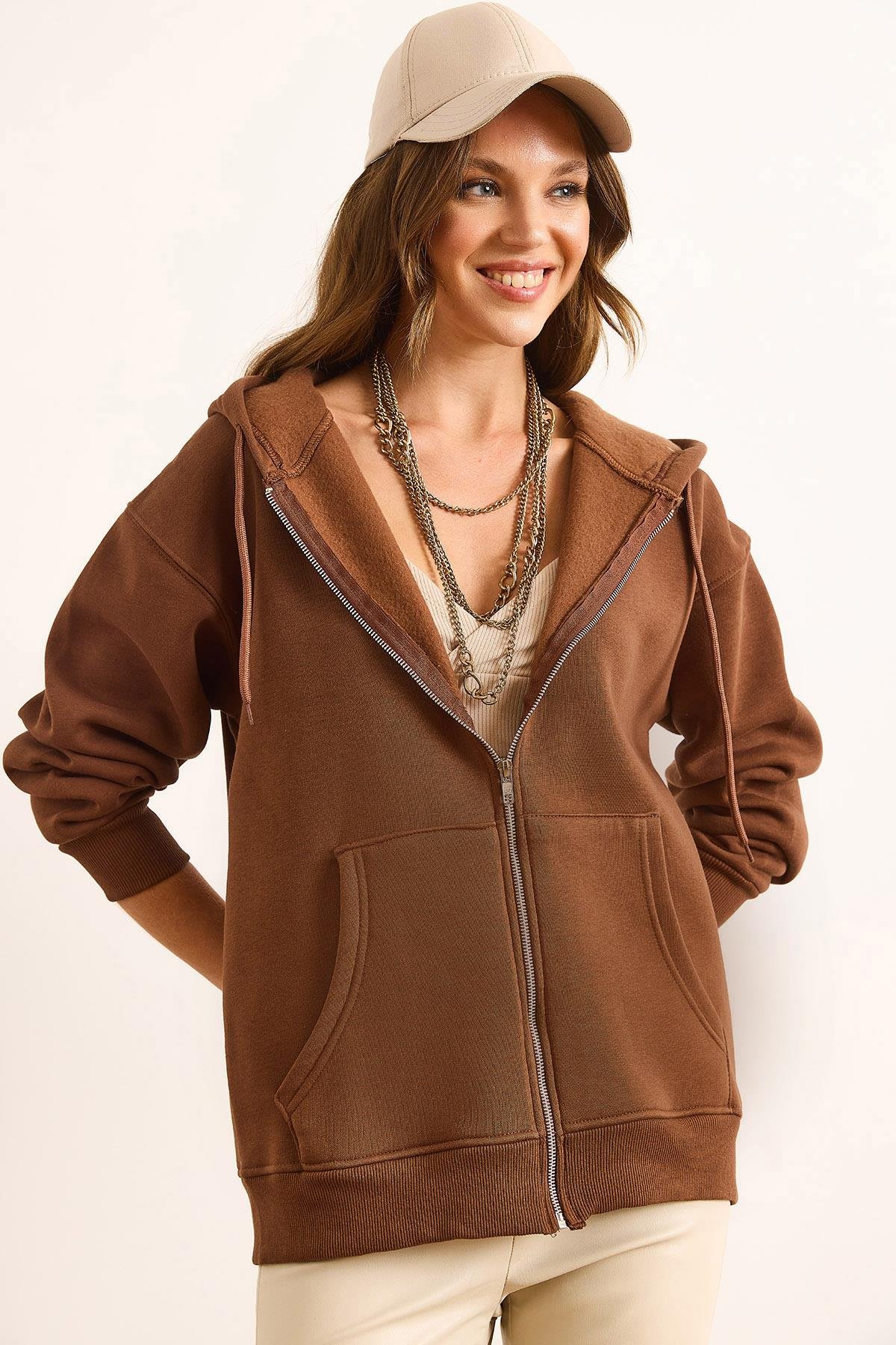Kapüşonlu Fermuarlı Oversize Şardonlu Sweatshirt Kahverengi