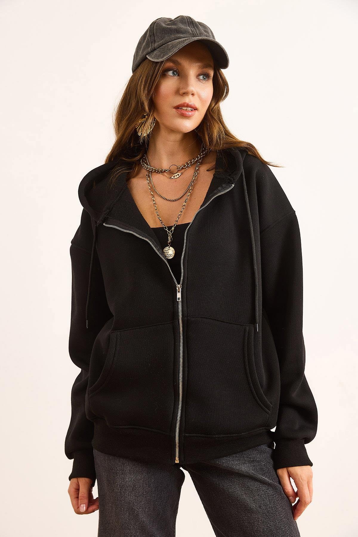 Kapüşonlu Fermuarlı Oversize Şardonlu Sweatshirt Siyah