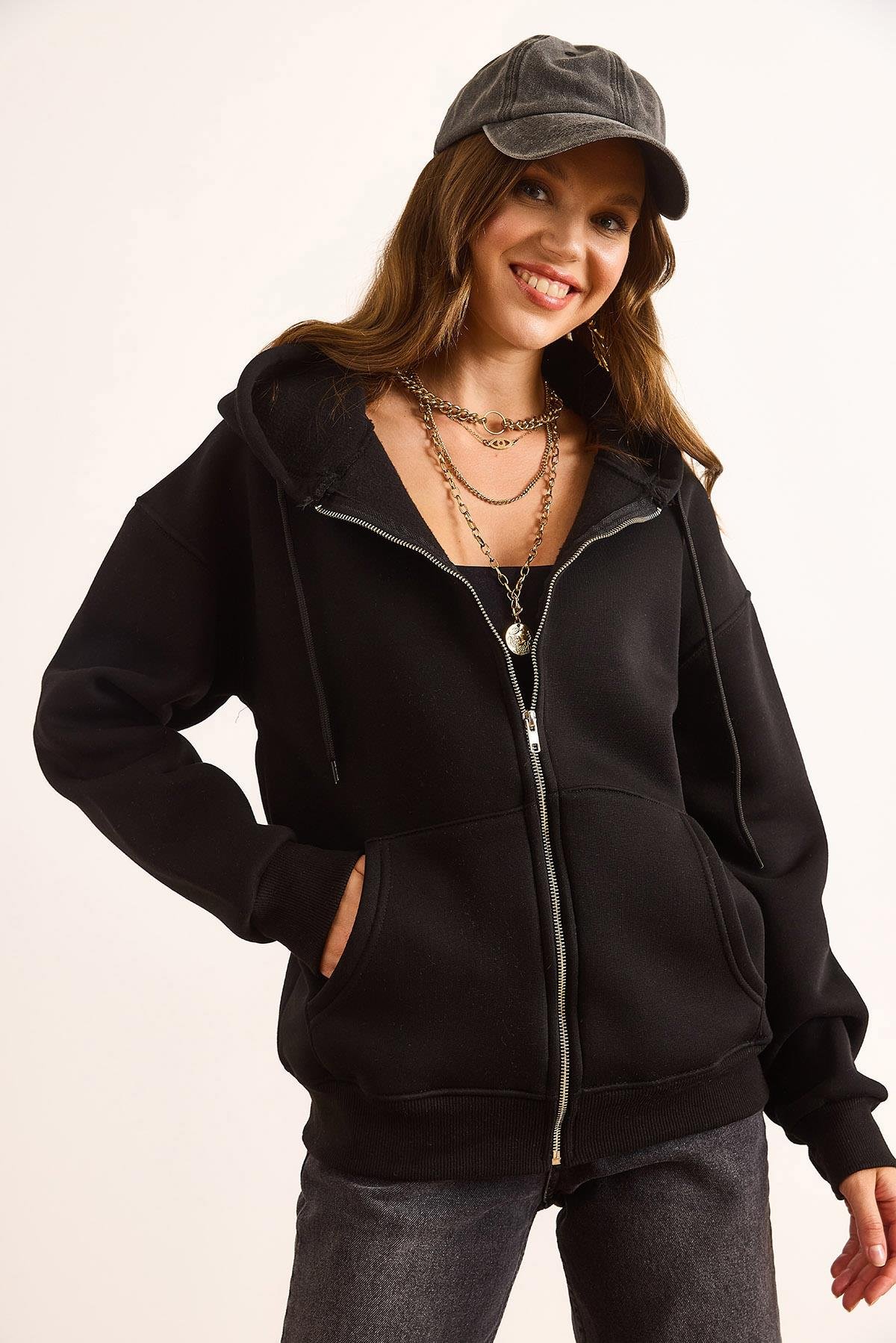 Kapüşonlu Fermuarlı Oversize Şardonlu Sweatshirt Siyah