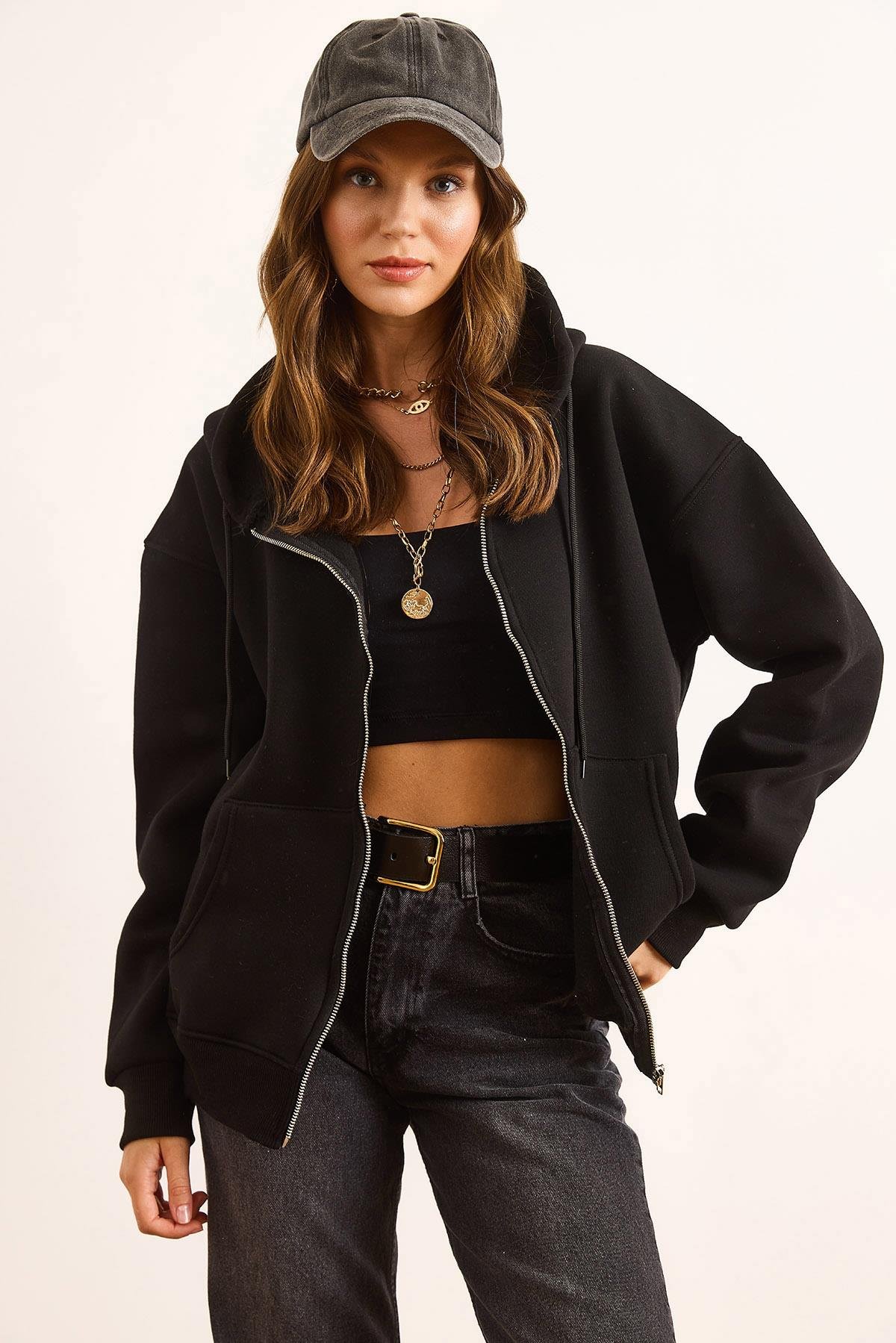 Kapüşonlu Fermuarlı Oversize Şardonlu Sweatshirt Siyah