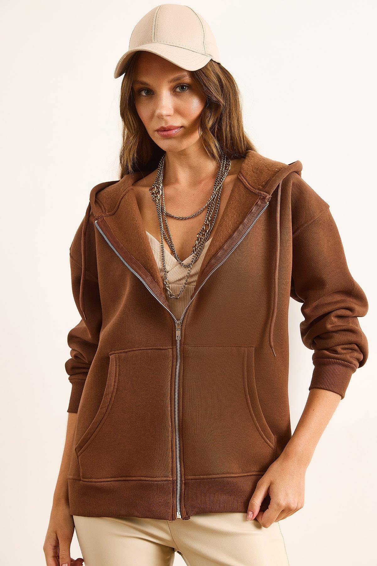 Kapüşonlu Fermuarlı Oversize Şardonlu Sweatshirt Kahverengi