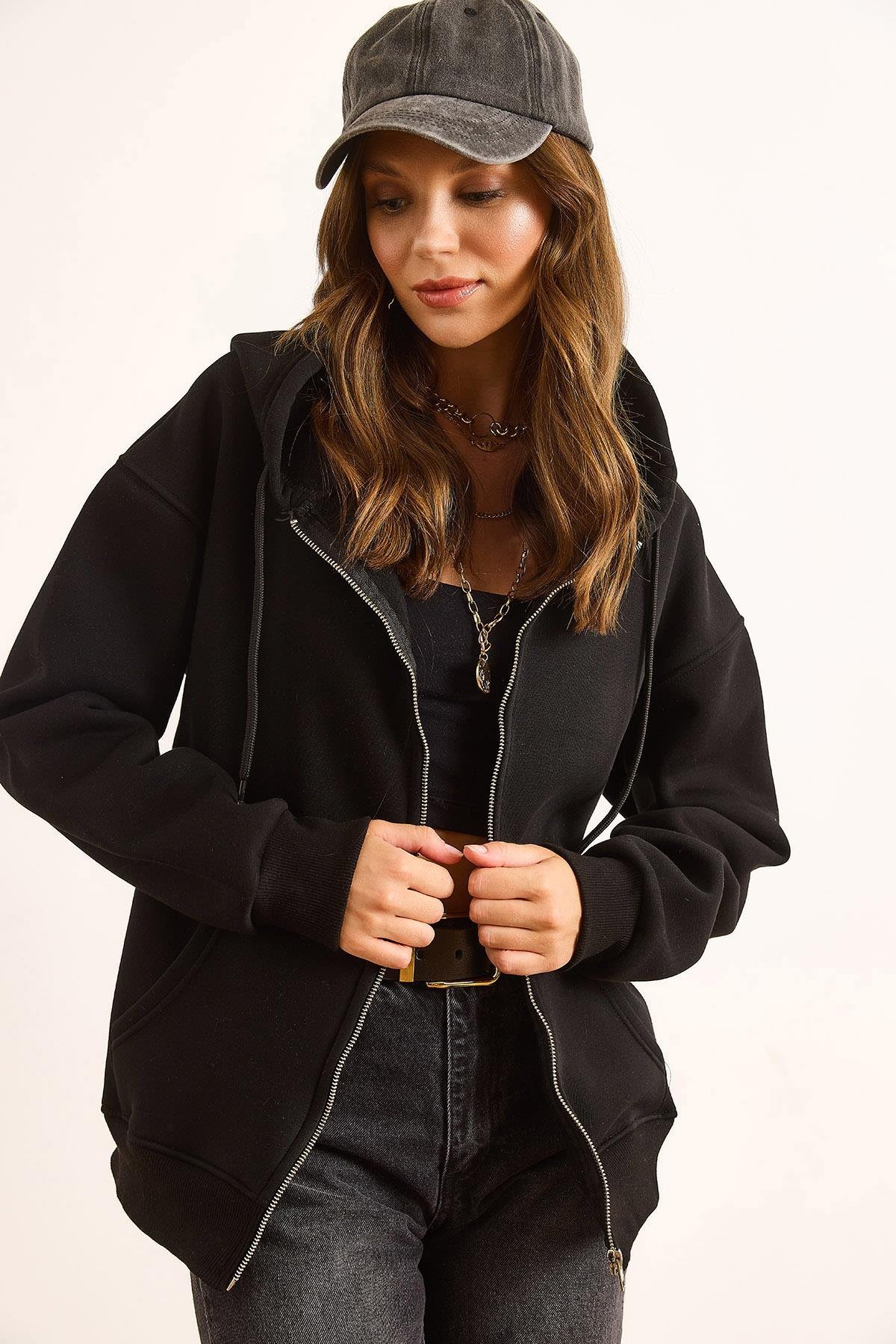 Kapüşonlu Fermuarlı Oversize Şardonlu Sweatshirt Siyah