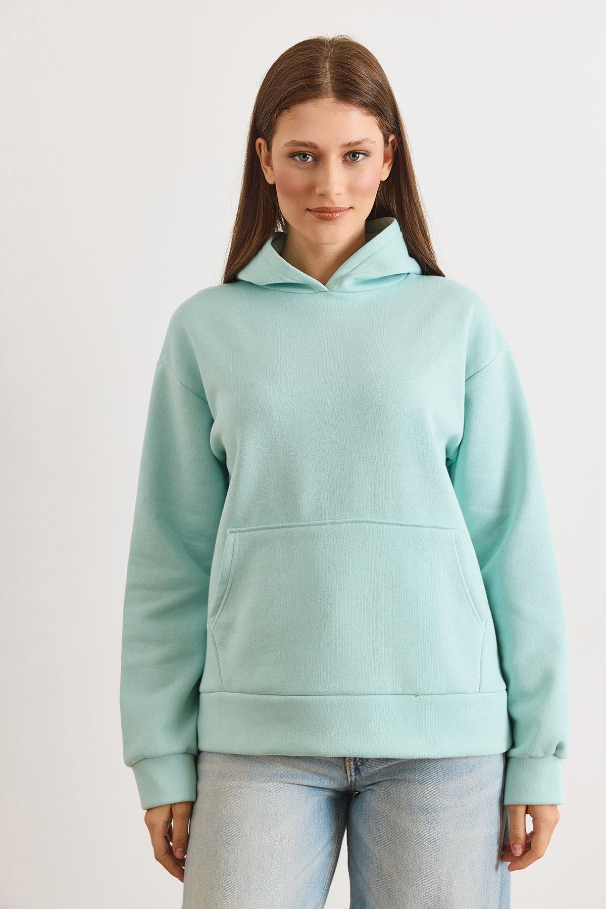 Kapüşonlu Kanguru Cepli Loose Fit Şardonlu Sweatshirt Su Yeşili