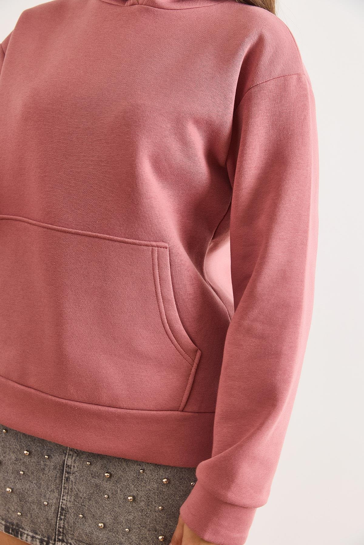 Kapüşonlu Kanguru Cepli Loose Fit Şardonlu Sweatshirt Gül Kurusu