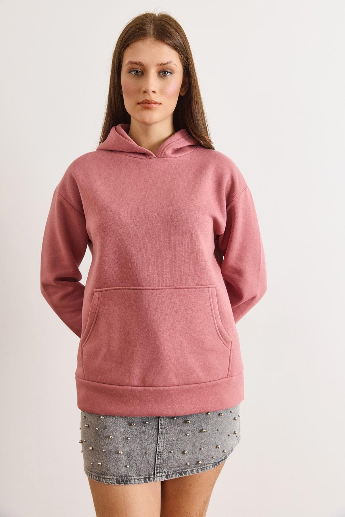 Kapüşonlu Kanguru Cepli Loose Fit Şardonlu Sweatshirt Gül Kurusu