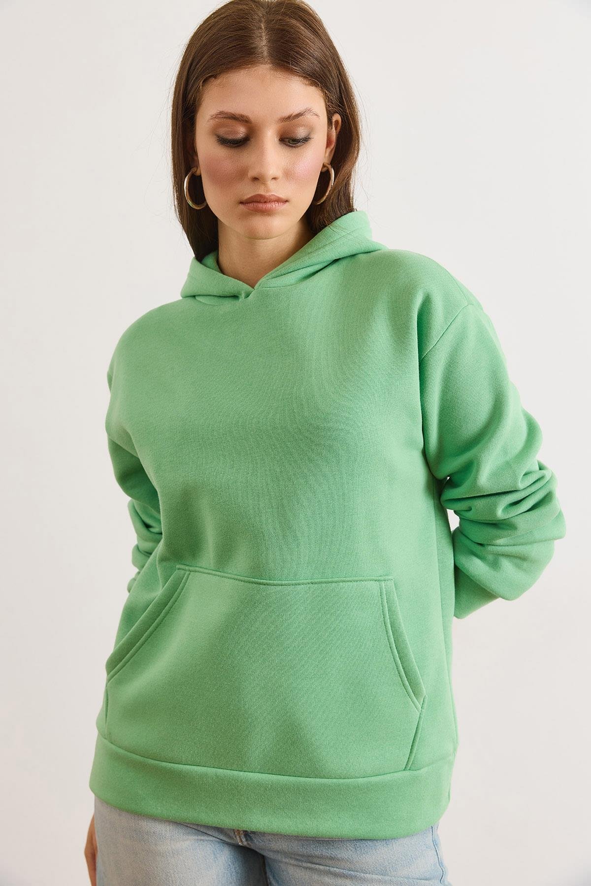 Kapüşonlu Kanguru Cepli Loose Fit Şardonlu Sweatshirt Fıstık Yeşili