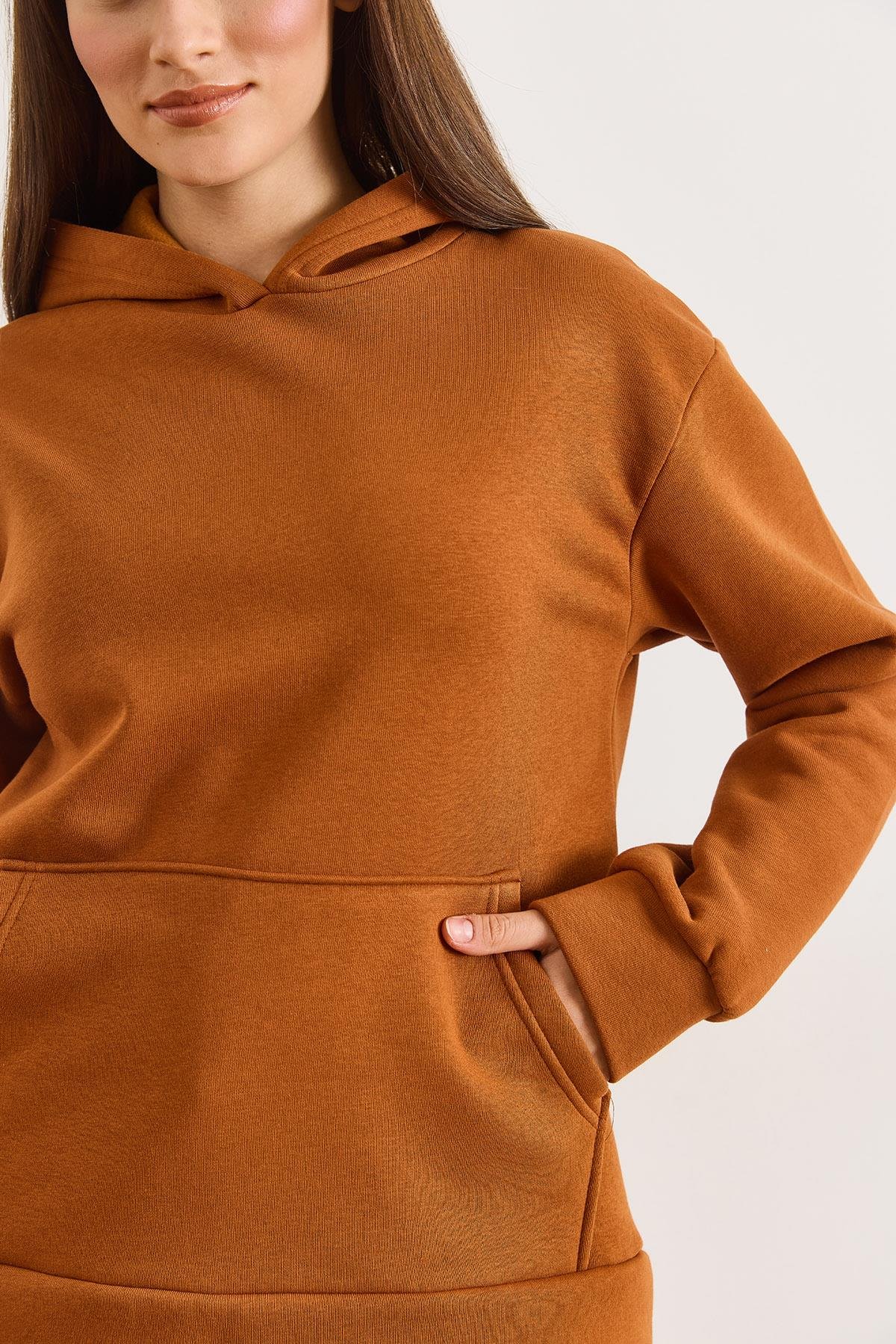 Kapüşonlu Kanguru Cepli Loose Fit Şardonlu Sweatshirt Taba