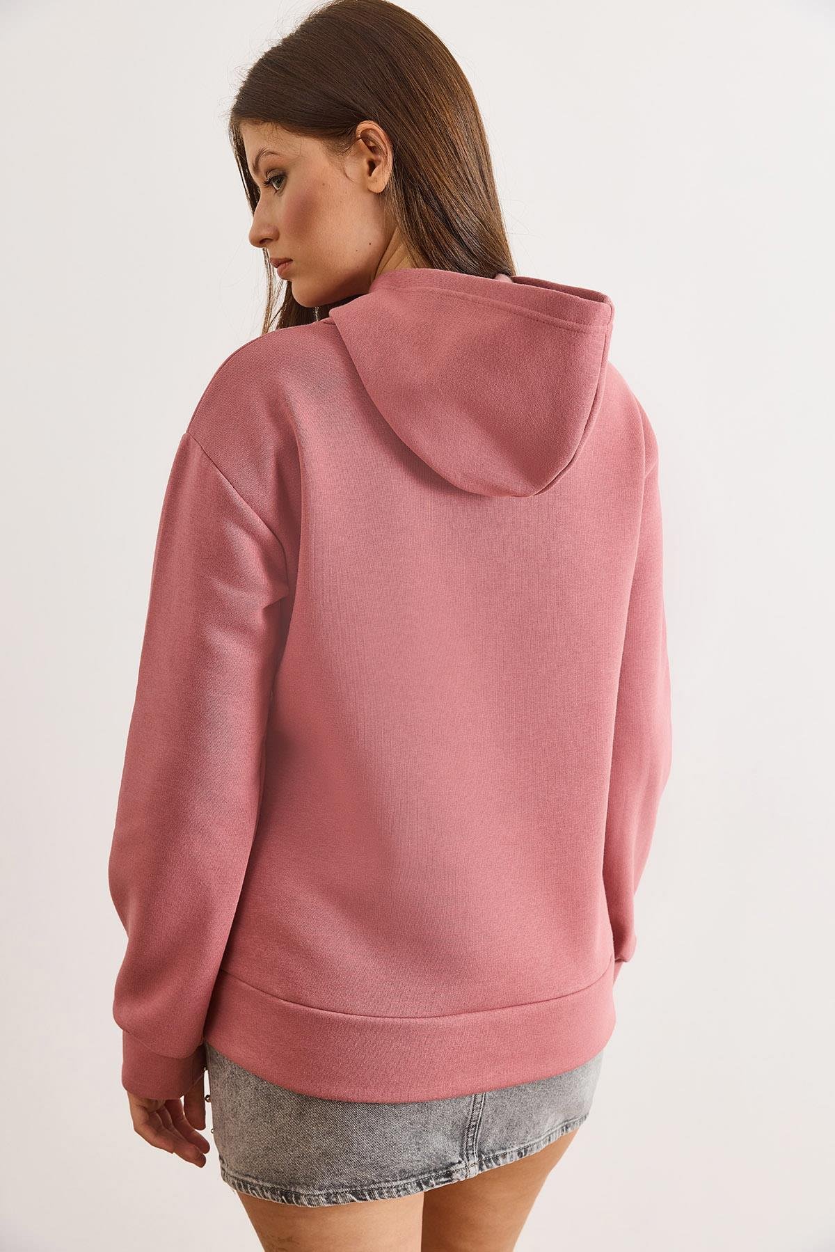 Kapüşonlu Kanguru Cepli Loose Fit Şardonlu Sweatshirt Gül Kurusu