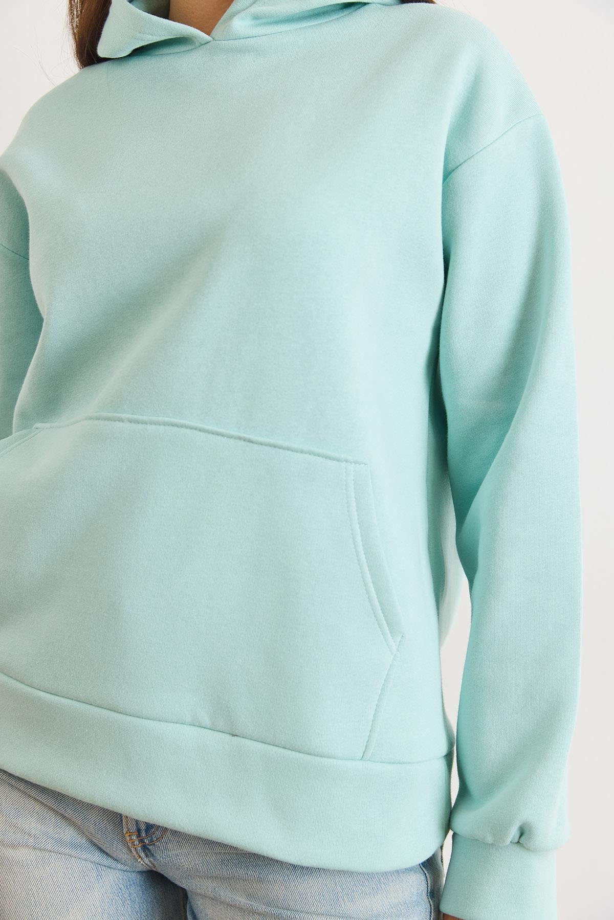Kapüşonlu Kanguru Cepli Loose Fit Şardonlu Sweatshirt Su Yeşili