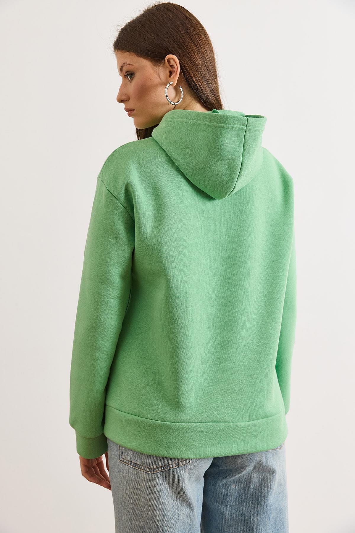 Kapüşonlu Kanguru Cepli Loose Fit Şardonlu Sweatshirt Fıstık Yeşili
