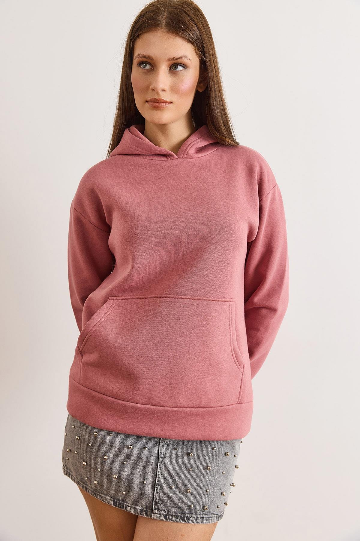 Kapüşonlu Kanguru Cepli Loose Fit Şardonlu Sweatshirt Gül Kurusu