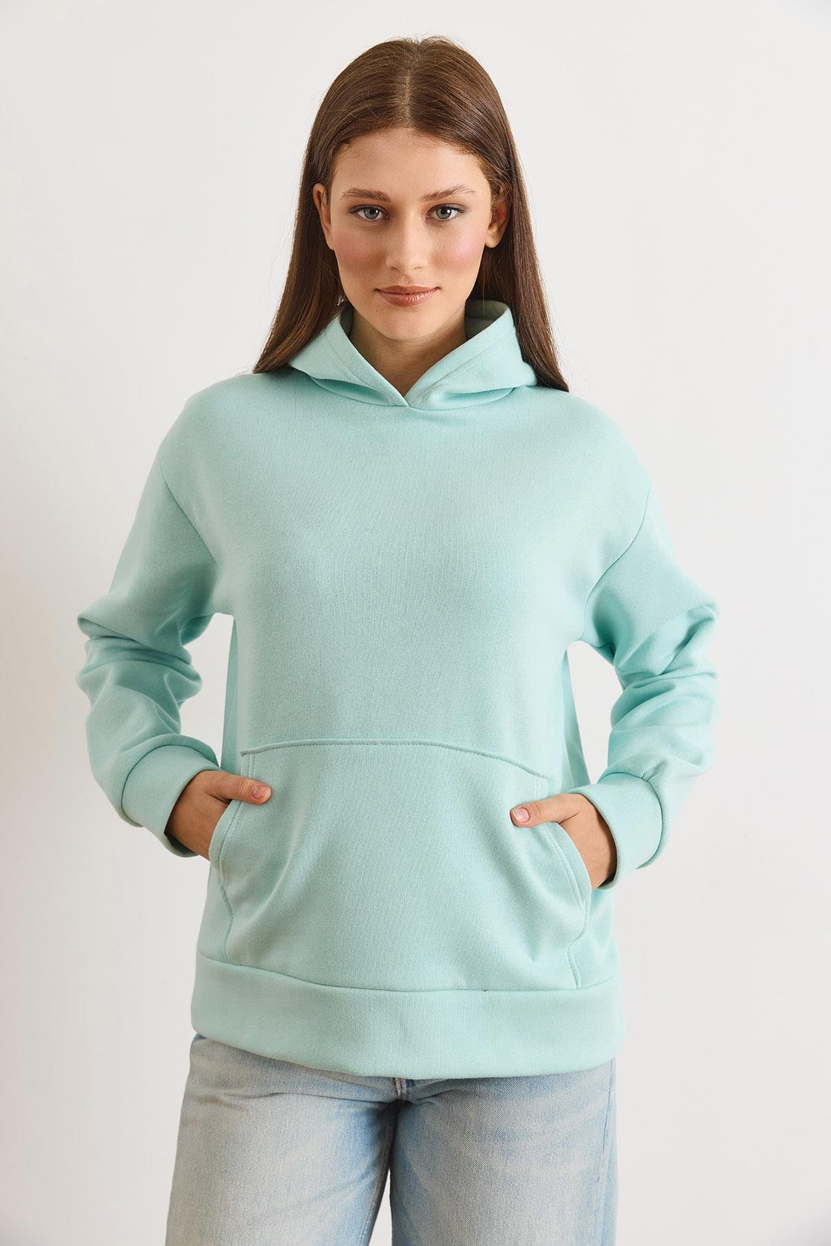 Kapüşonlu Kanguru Cepli Loose Fit Şardonlu Sweatshirt Su Yeşili