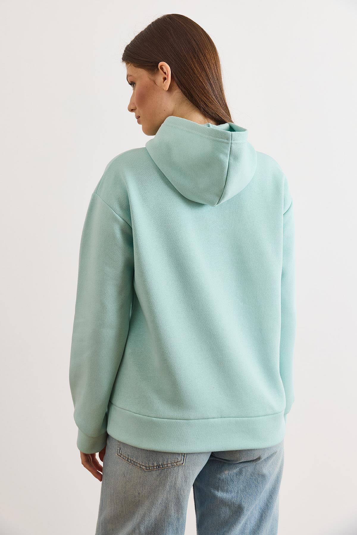 Kapüşonlu Kanguru Cepli Loose Fit Şardonlu Sweatshirt Su Yeşili