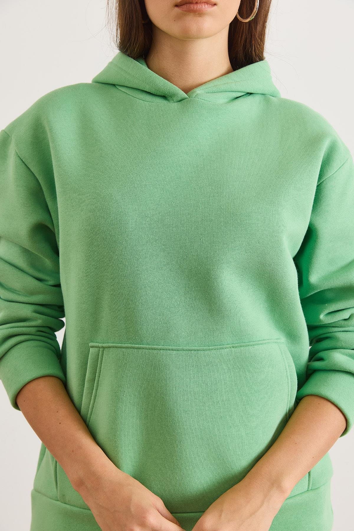 Kapüşonlu Kanguru Cepli Loose Fit Şardonlu Sweatshirt Fıstık Yeşili