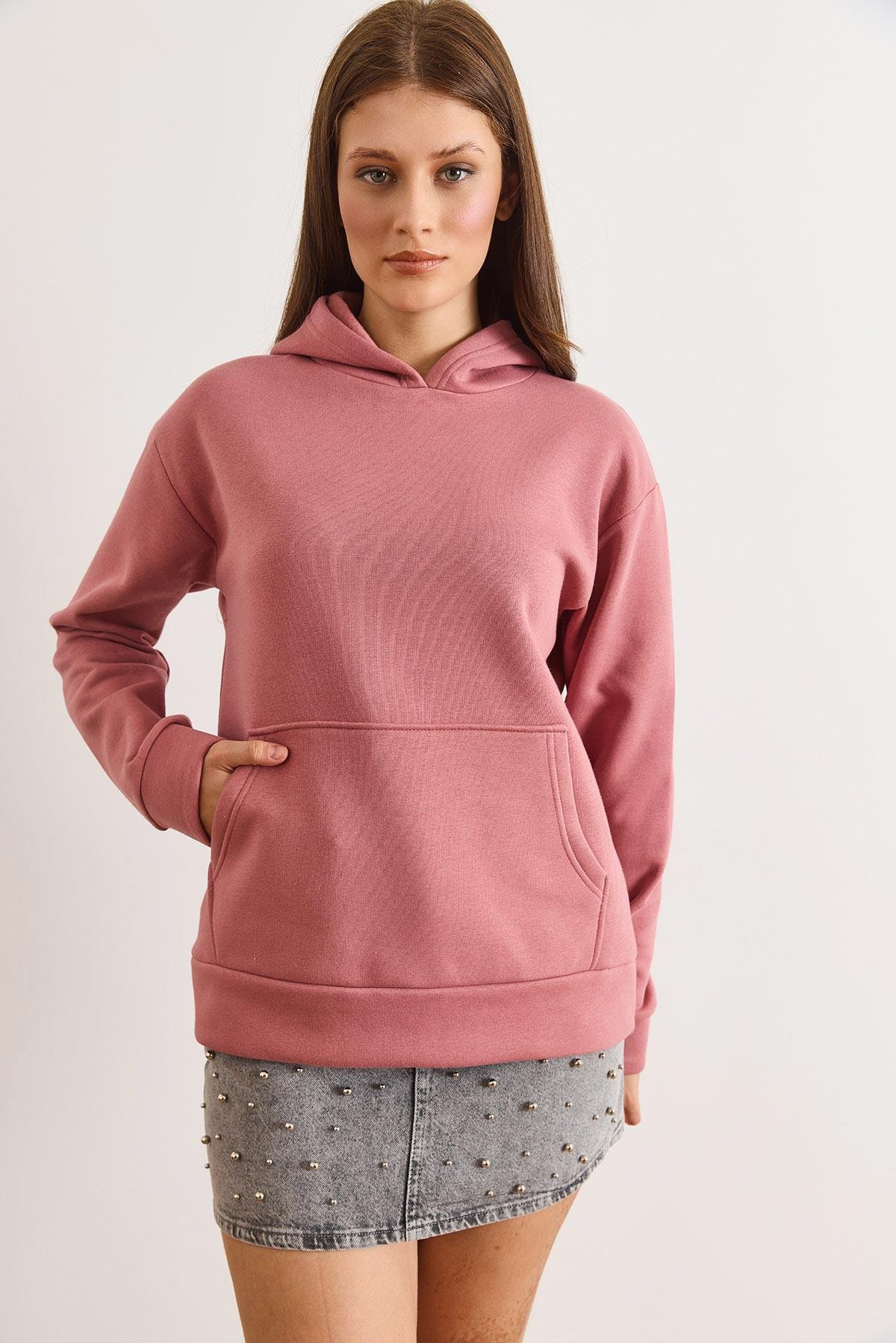 Kapüşonlu Kanguru Cepli Loose Fit Şardonlu Sweatshirt Gül Kurusu