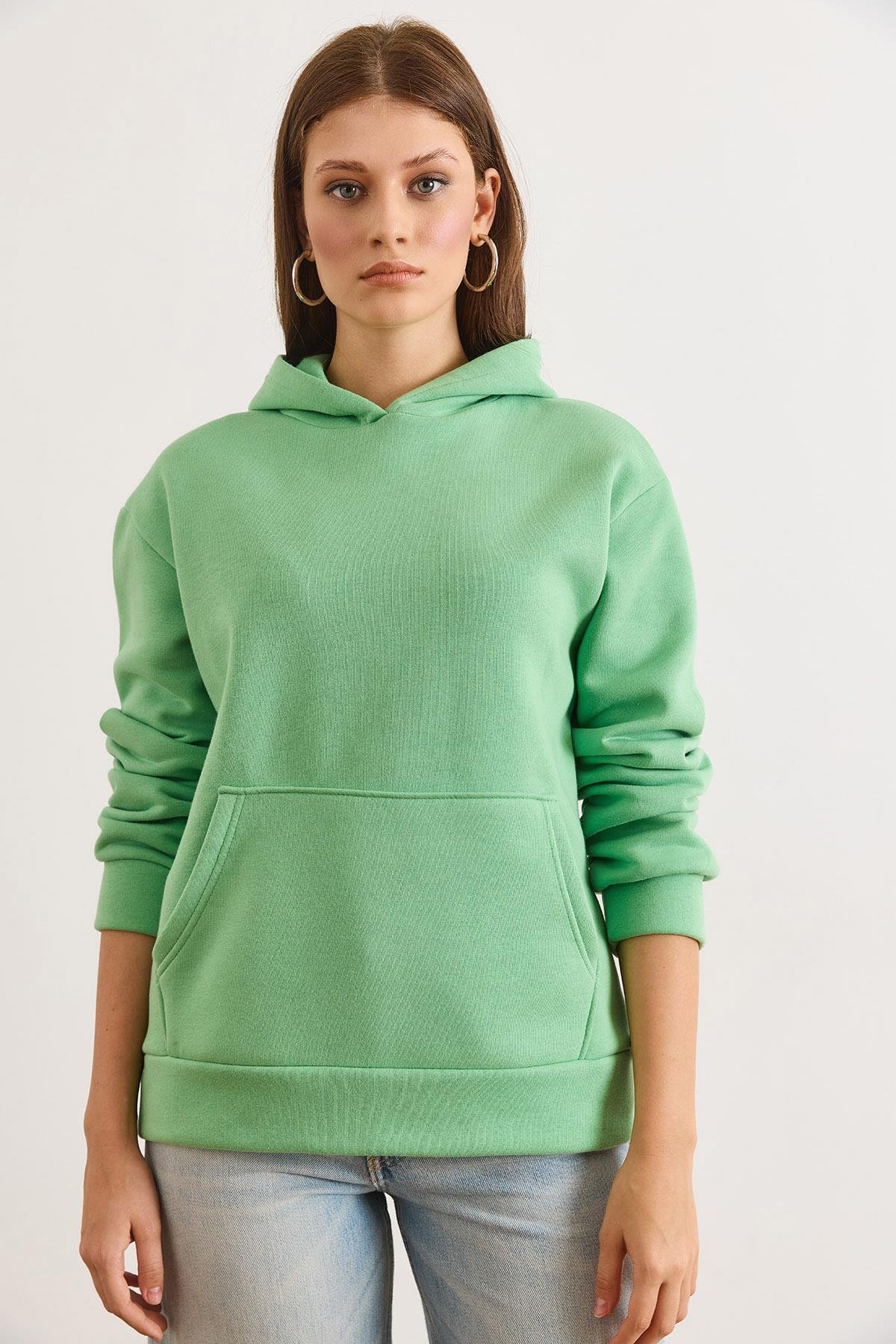 Kapüşonlu Kanguru Cepli Loose Fit Şardonlu Sweatshirt Fıstık Yeşili