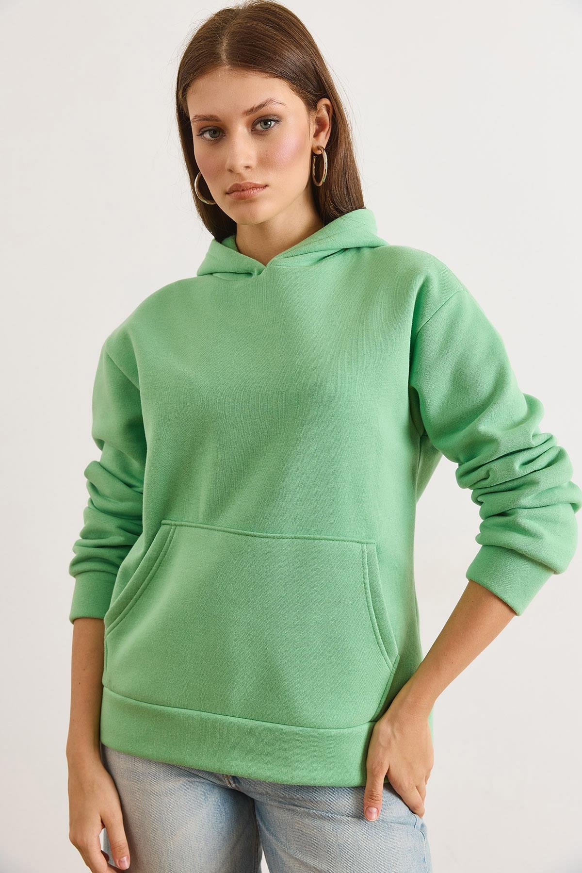 Kapüşonlu Kanguru Cepli Loose Fit Şardonlu Sweatshirt Fıstık Yeşili