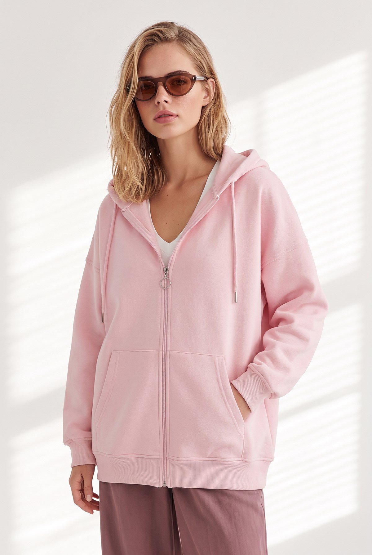Kapüşonlu Kanguru Cepli Oversize Şardonlu Basic Sweatshirt Pembe