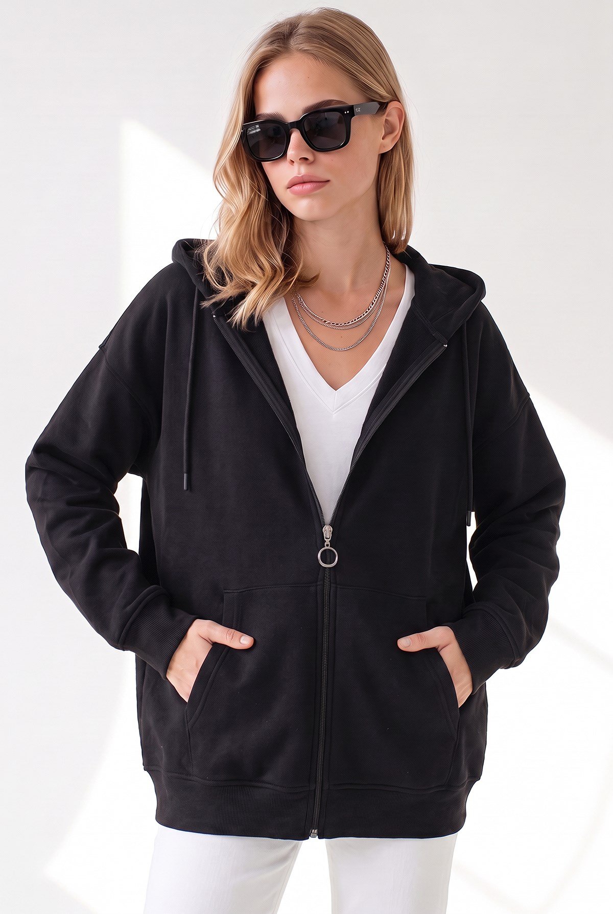 Kapüşonlu Kanguru Cepli Oversize Şardonlu Basic Sweatshirt Siyah
