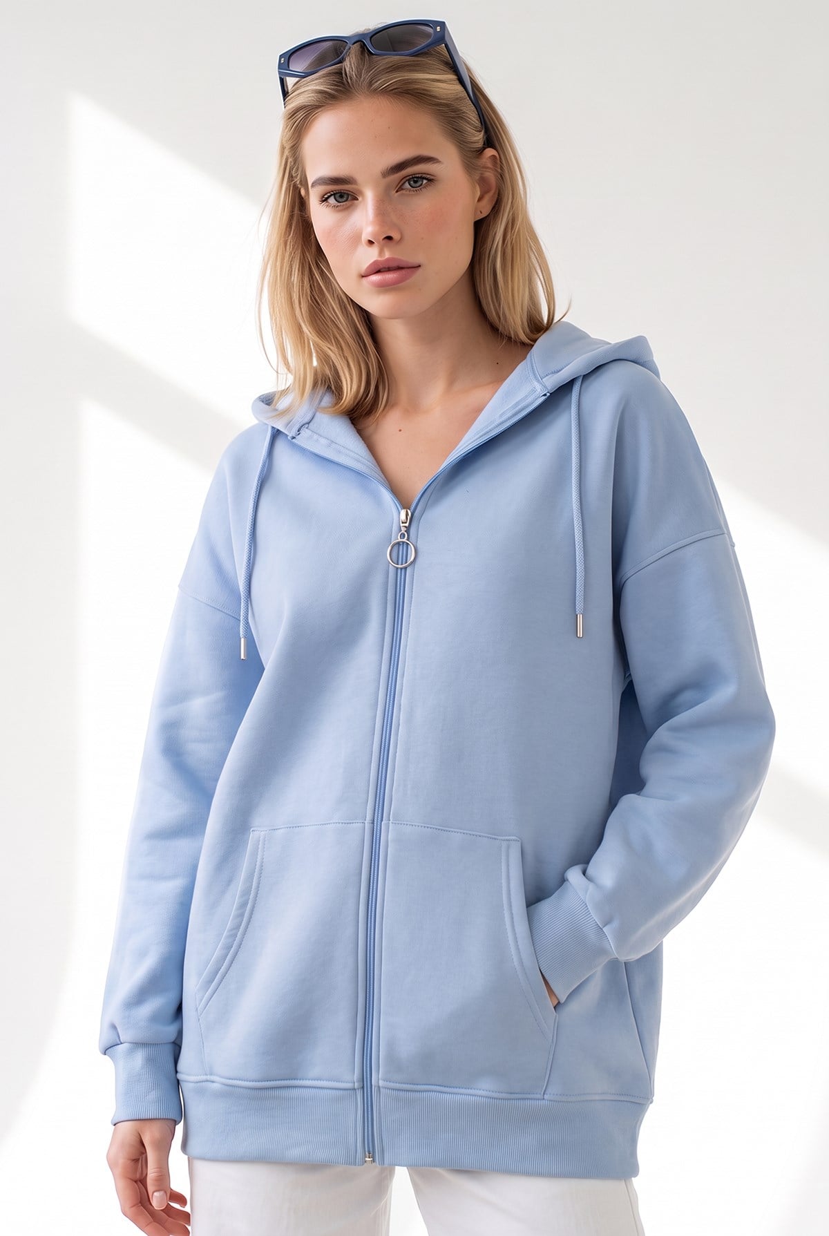 Kapüşonlu Kanguru Cepli Oversize Şardonlu Basic Sweatshirt Bebe Mavi