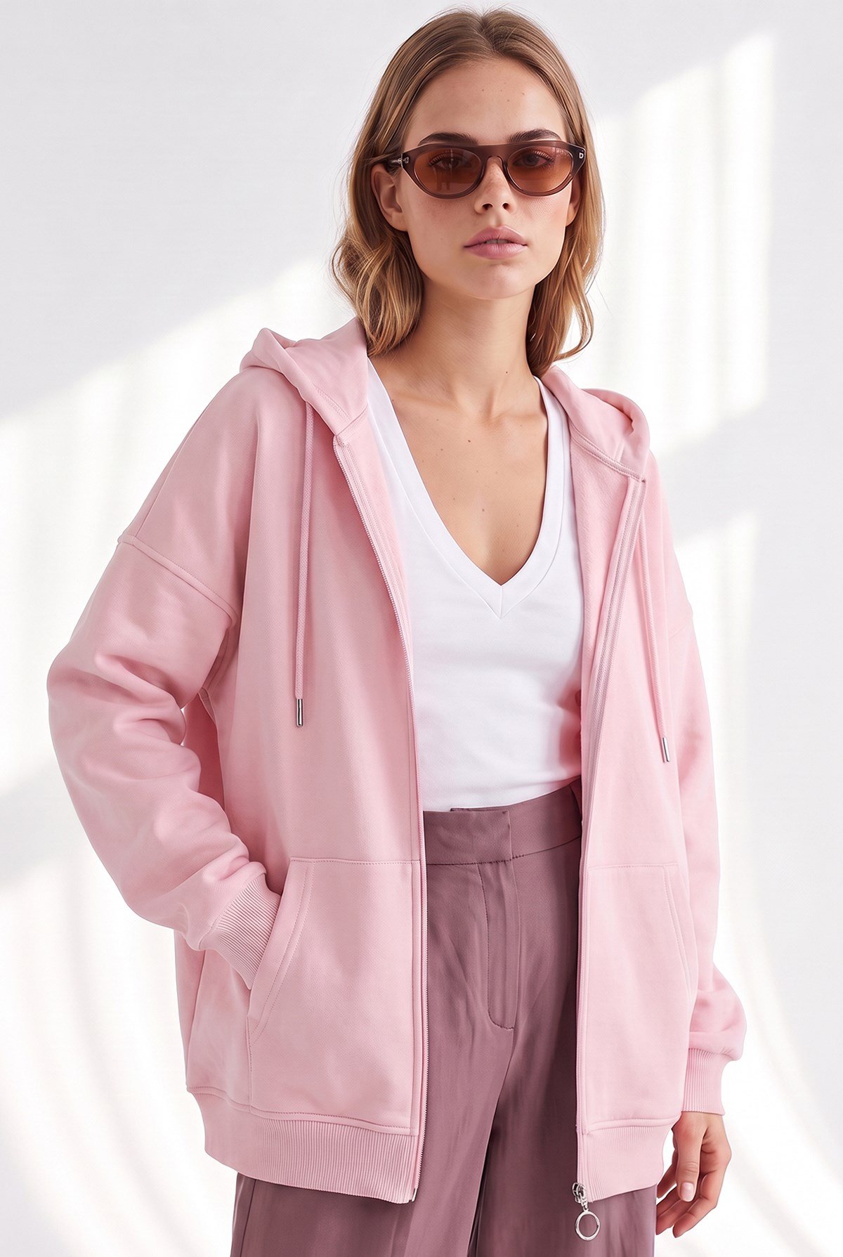 Kapüşonlu Kanguru Cepli Oversize Şardonlu Basic Sweatshirt Pembe