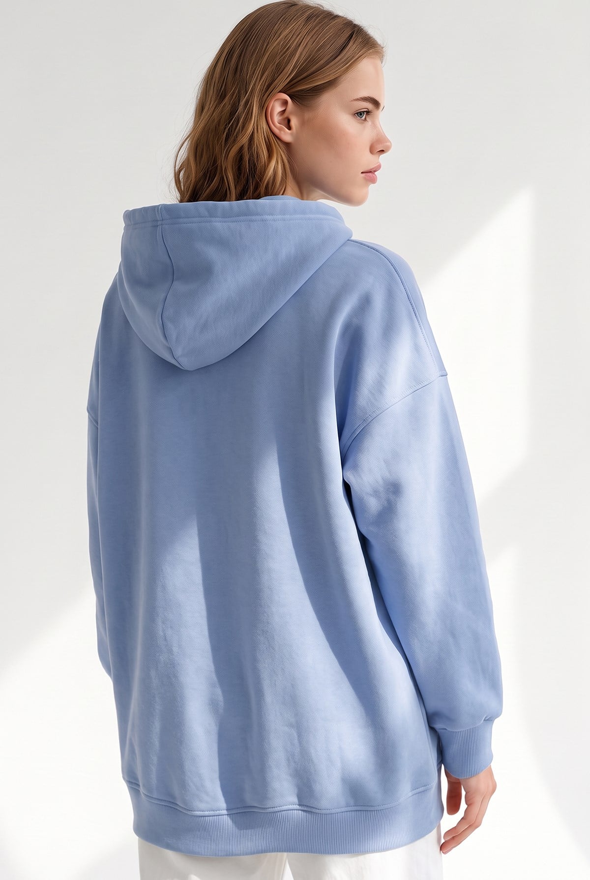 Kapüşonlu Kanguru Cepli Oversize Şardonlu Basic Sweatshirt Bebe Mavi