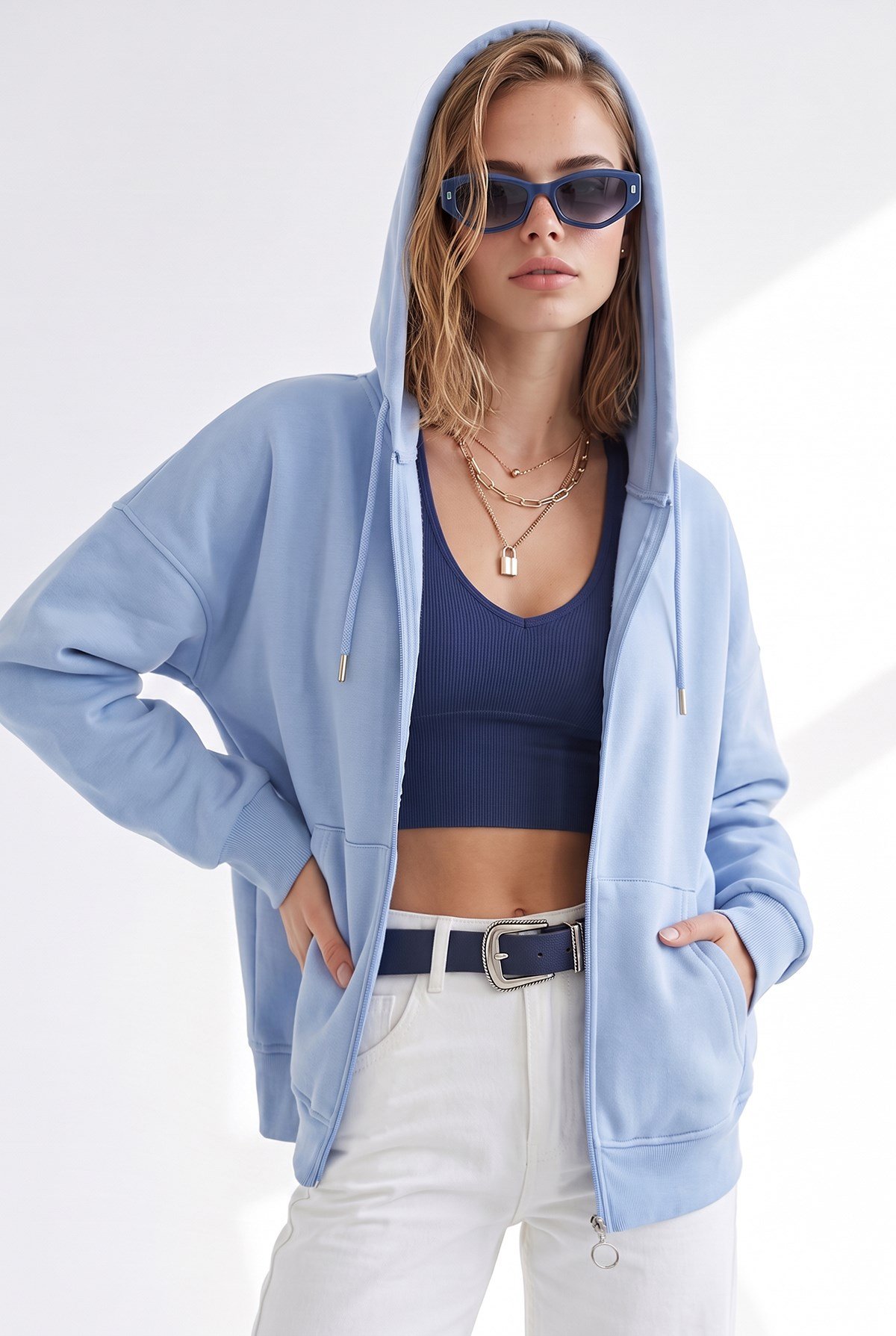 Kapüşonlu Kanguru Cepli Oversize Şardonlu Basic Sweatshirt Bebe Mavi