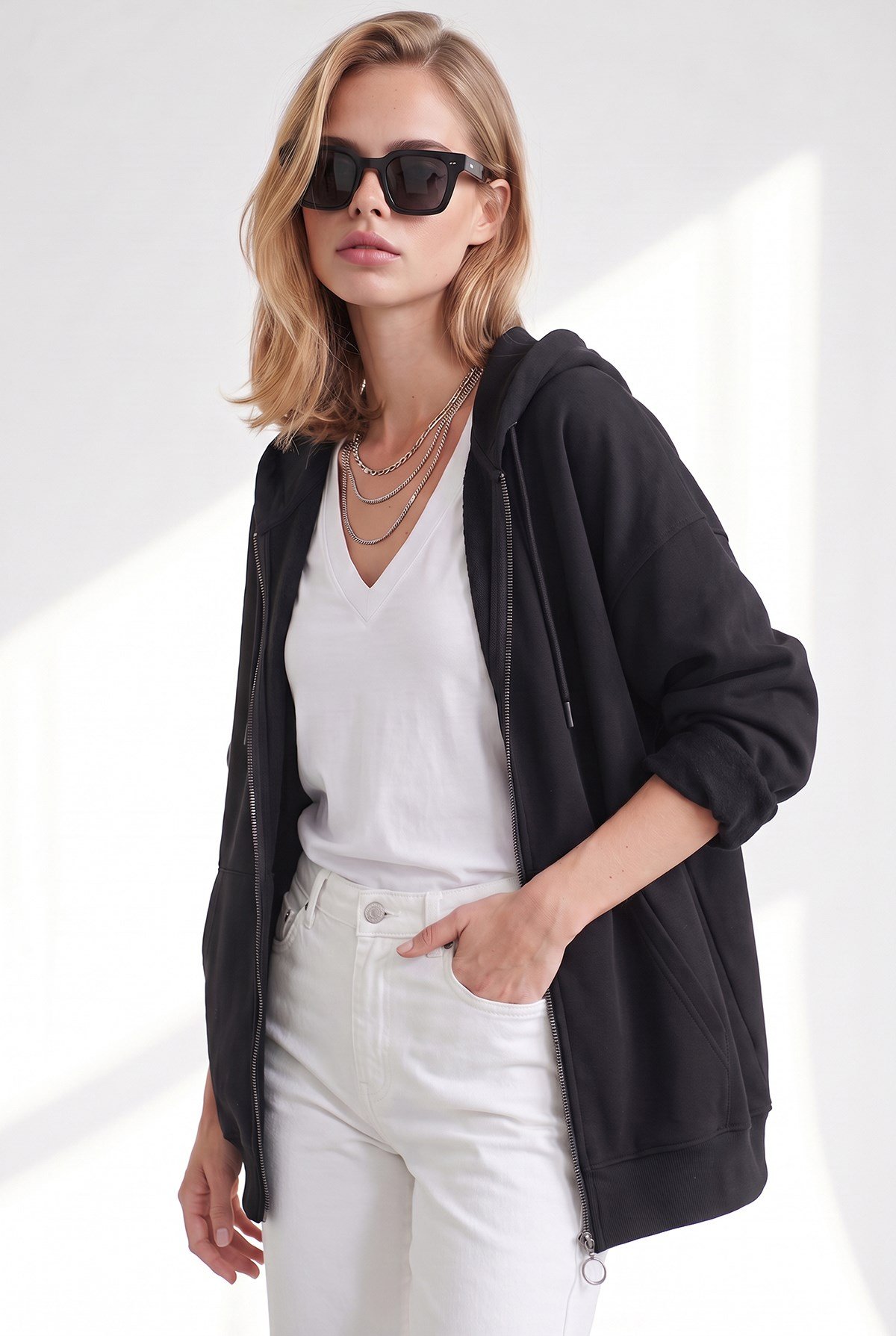 Kapüşonlu Kanguru Cepli Oversize Şardonlu Basic Sweatshirt Siyah